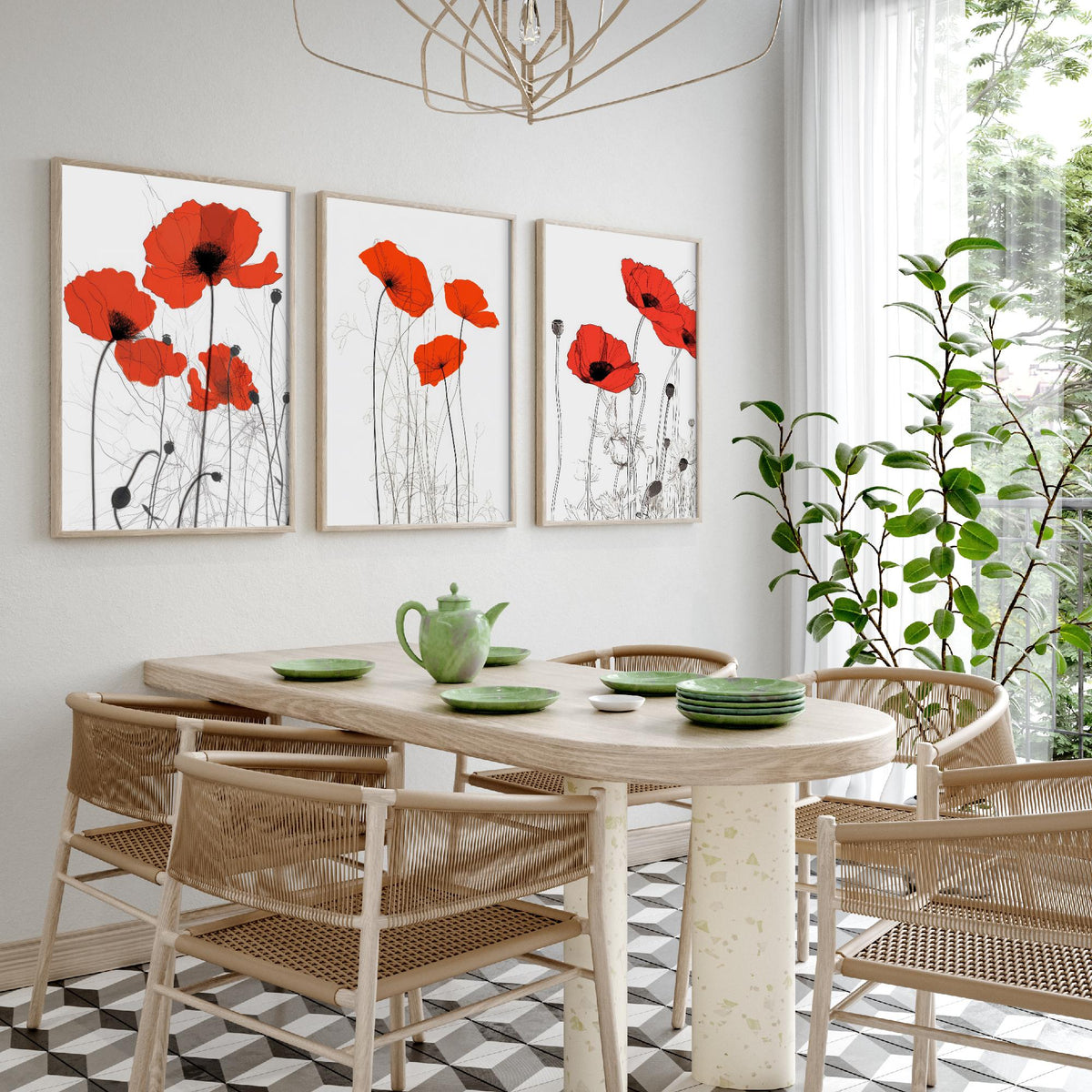 Red Poppies Line Drawing Set of Three Art Prints - Scarlet Blooms with Ink Stems - Minimalist Botanical Poster