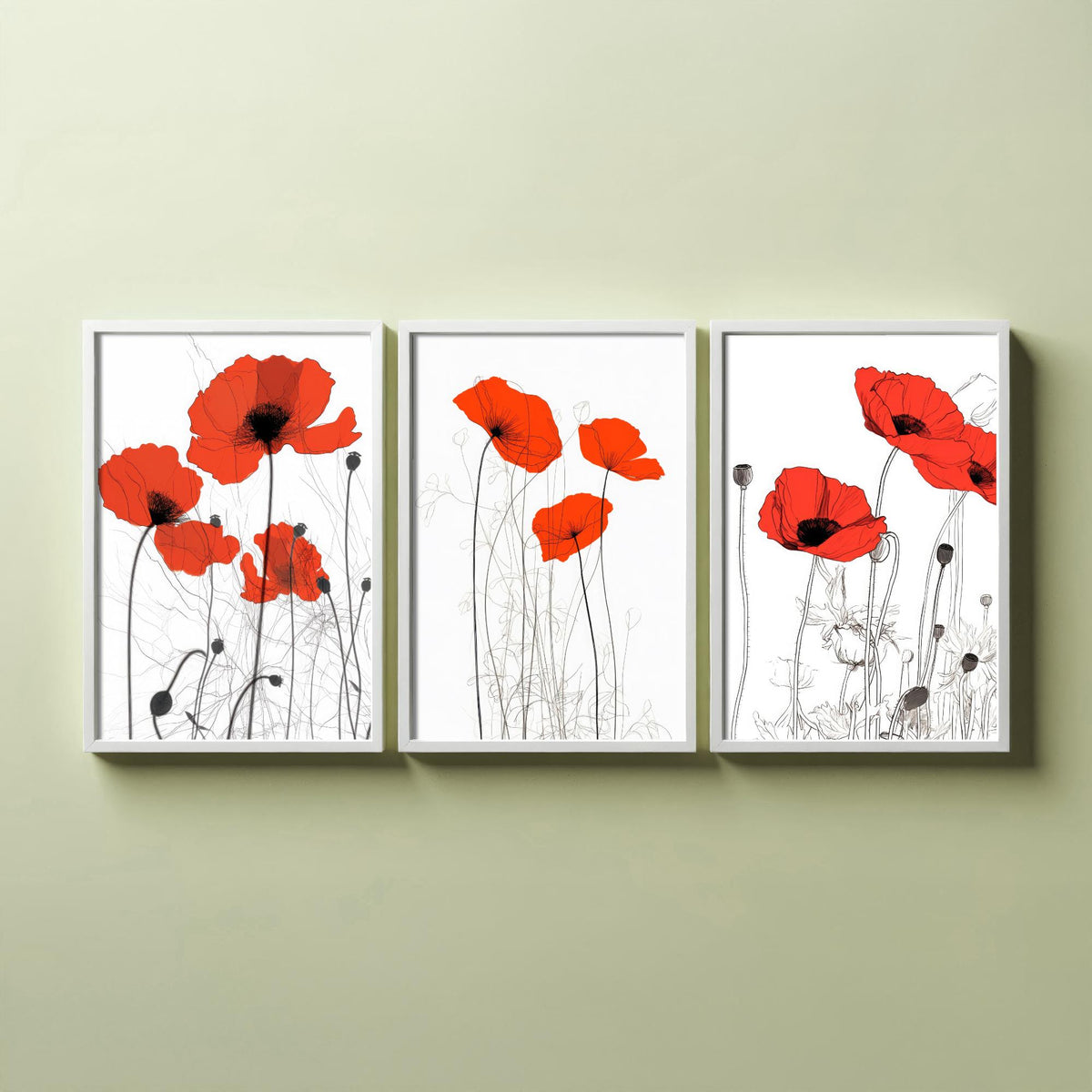 Red Poppies Line Drawing Set of Three Art Prints - Scarlet Blooms with Ink Stems - Minimalist Botanical Poster