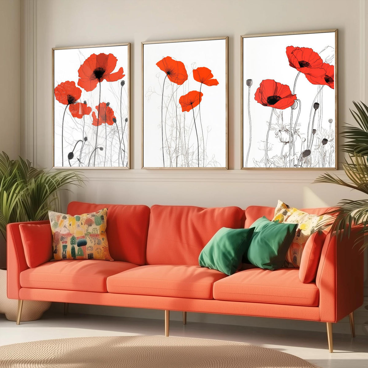 Red Poppies Line Drawing Set of Three Art Prints - Scarlet Blooms with Ink Stems - Minimalist Botanical Poster