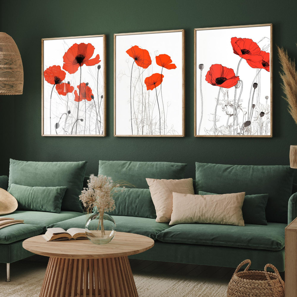 Red Poppies Line Drawing Set of Three Art Prints - Scarlet Blooms with Ink Stems - Minimalist Botanical Poster