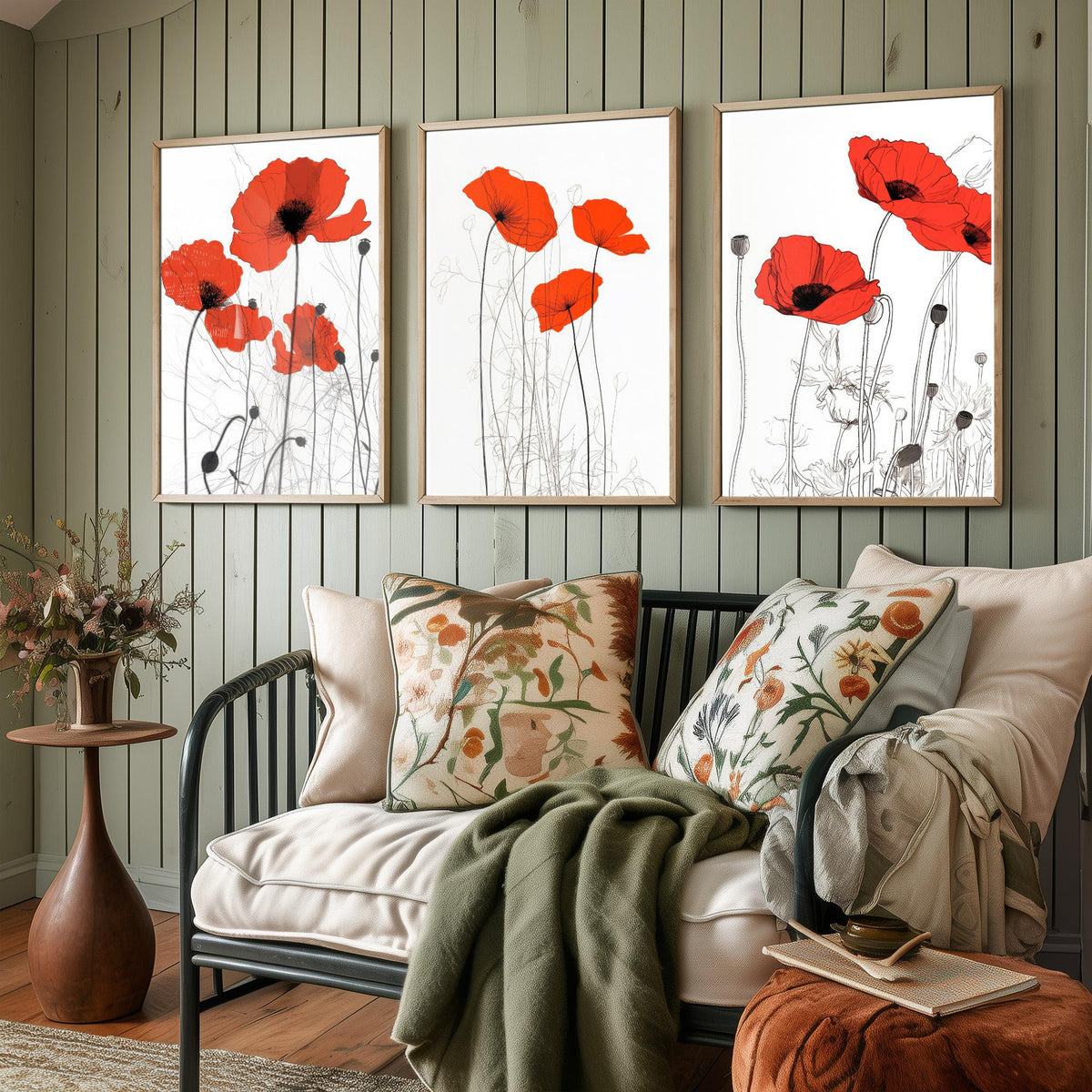 Red Poppies Line Drawing Set of Three Art Prints - Scarlet Blooms with Ink Stems - Minimalist Botanical Poster
