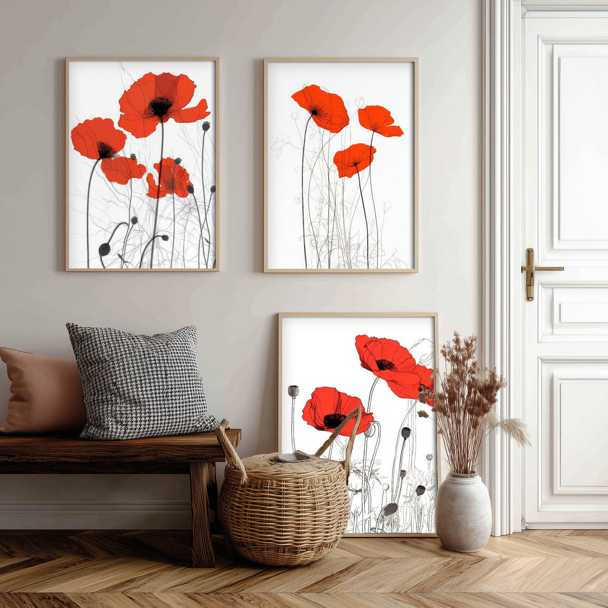 Red Poppies Line Drawing Set of Three Art Prints - Scarlet Blooms with Ink Stems - Minimalist Botanical Poster