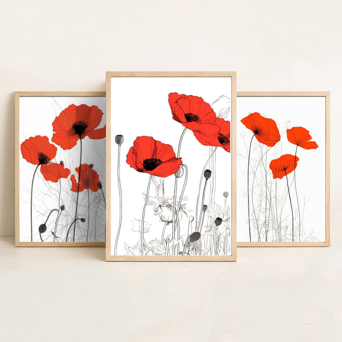 Red Poppies Line Drawing Set of Three Art Prints - Scarlet Blooms with Ink Stems - Minimalist Botanical Poster