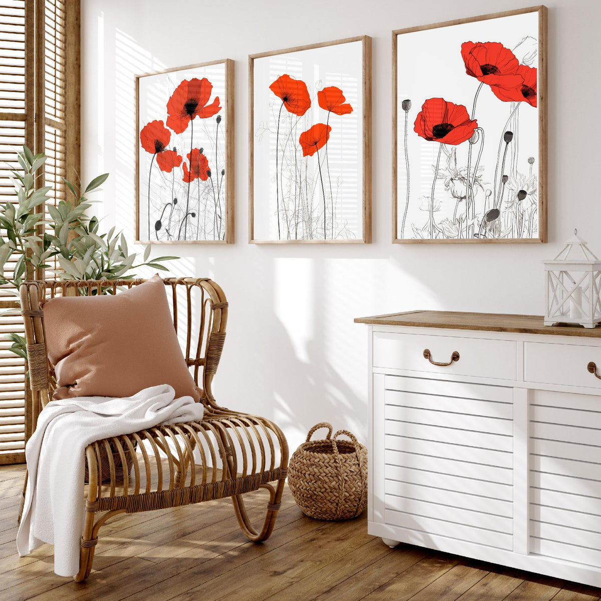 Red Poppies Line Drawing Set of Three Art Prints - Scarlet Blooms with Ink Stems - Minimalist Botanical Poster