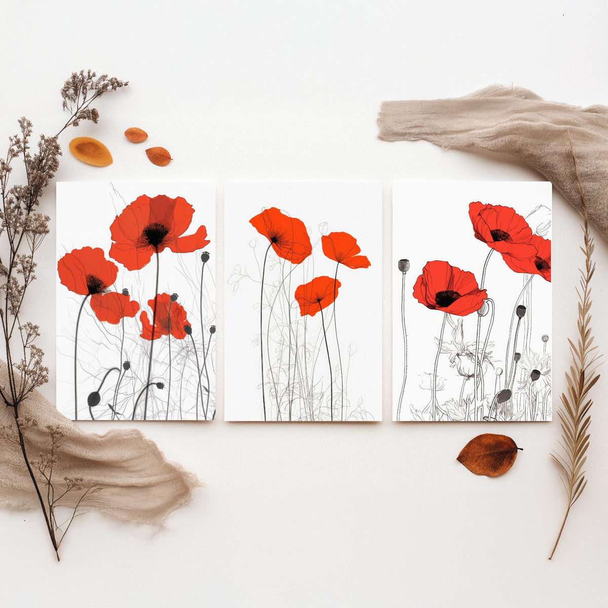 Red Poppies Line Drawing Set of Three Art Prints - Scarlet Blooms with Ink Stems - Minimalist Botanical Poster
