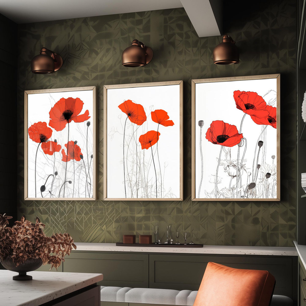 Red Poppies Line Drawing Set of Three Art Prints - Scarlet Blooms with Ink Stems - Minimalist Botanical Poster