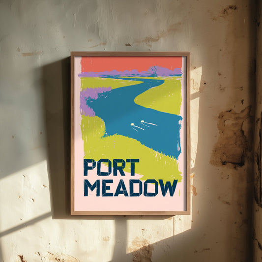 Port Meadow Oxford Travel Poster - River Swimming Art Print - Bold Screen Print Illustration - Thames Wild Swim