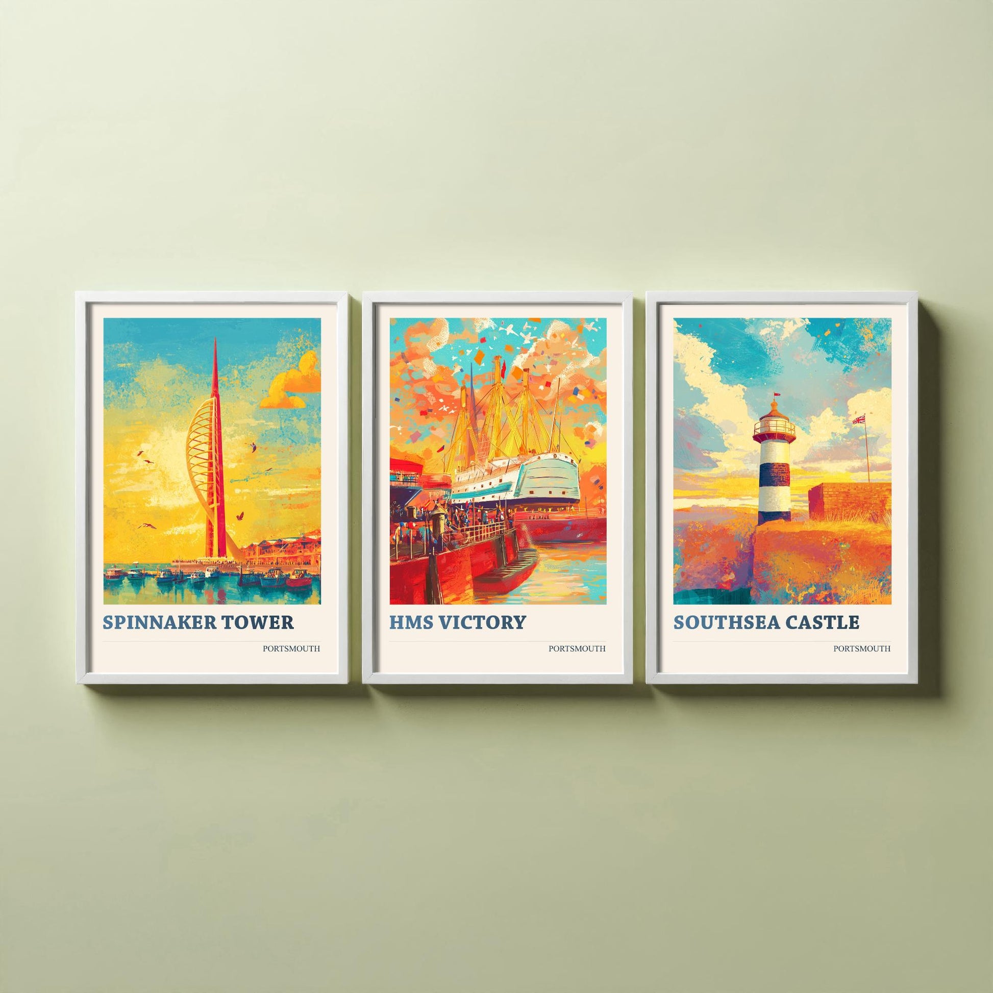 Portsmouth Set of Three Art Prints - 3 Spinnaker Tower HMS Victory Southsea Castle Posters - Wall Art Illustration Travel colourspritz