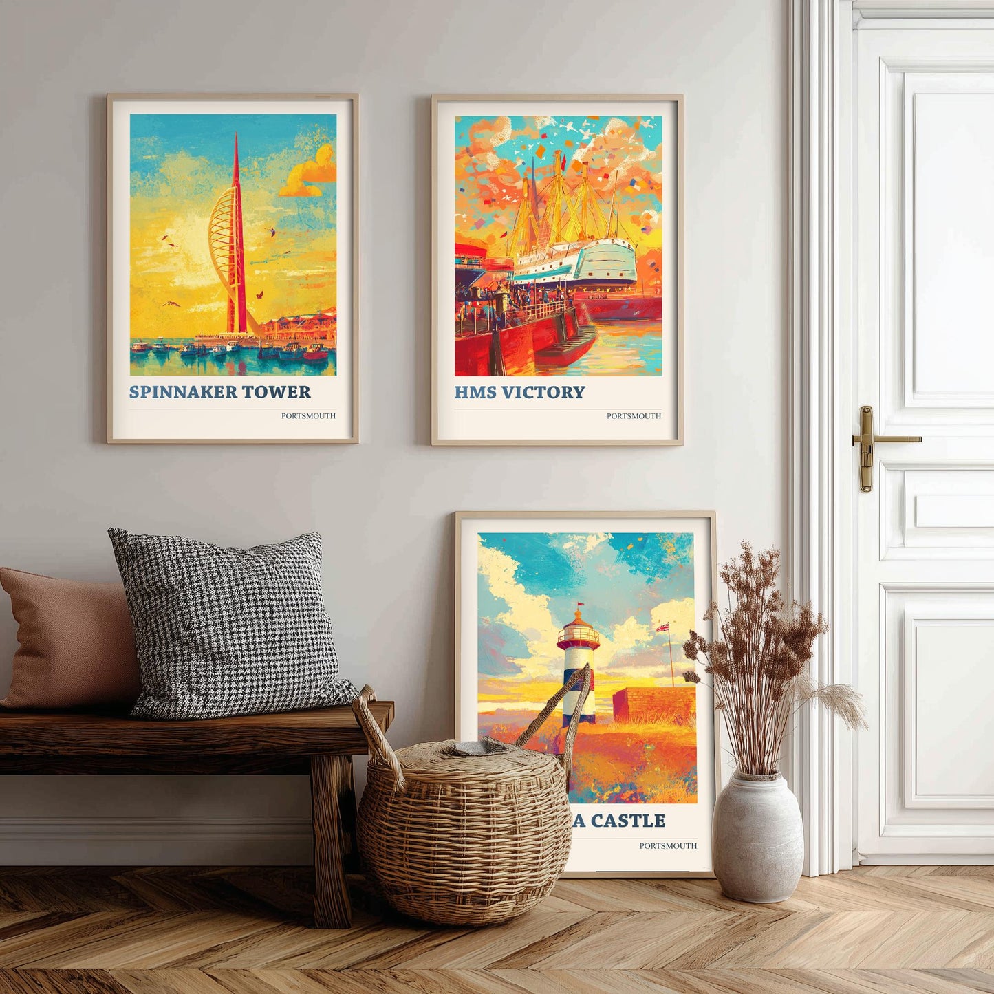Portsmouth Set of Three Art Prints - 3 Spinnaker Tower HMS Victory Southsea Castle Posters - Wall Art Illustration Travel colourspritz