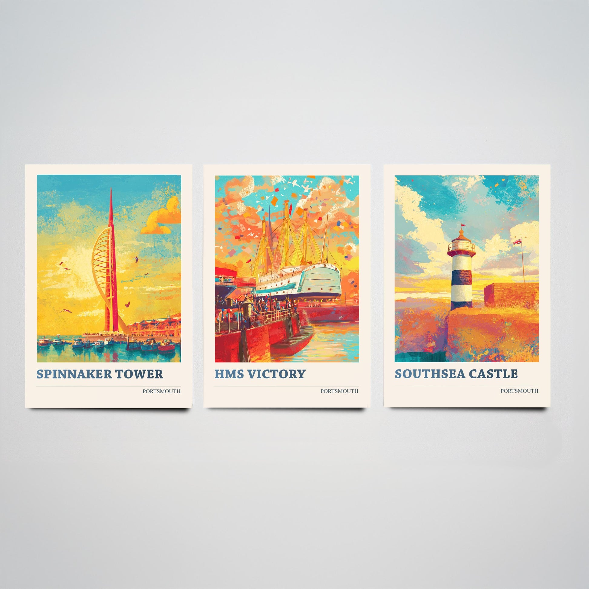 Portsmouth Set of Three Art Prints - 3 Spinnaker Tower HMS Victory Southsea Castle Posters - Wall Art Illustration Travel colourspritz