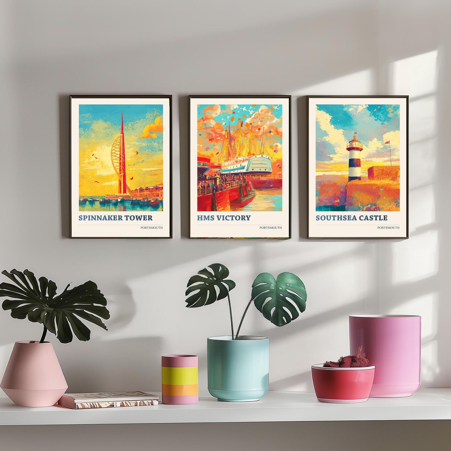 Portsmouth Set of Three Art Prints - 3 Spinnaker Tower HMS Victory Southsea Castle Posters - Wall Art Illustration Travel colourspritz