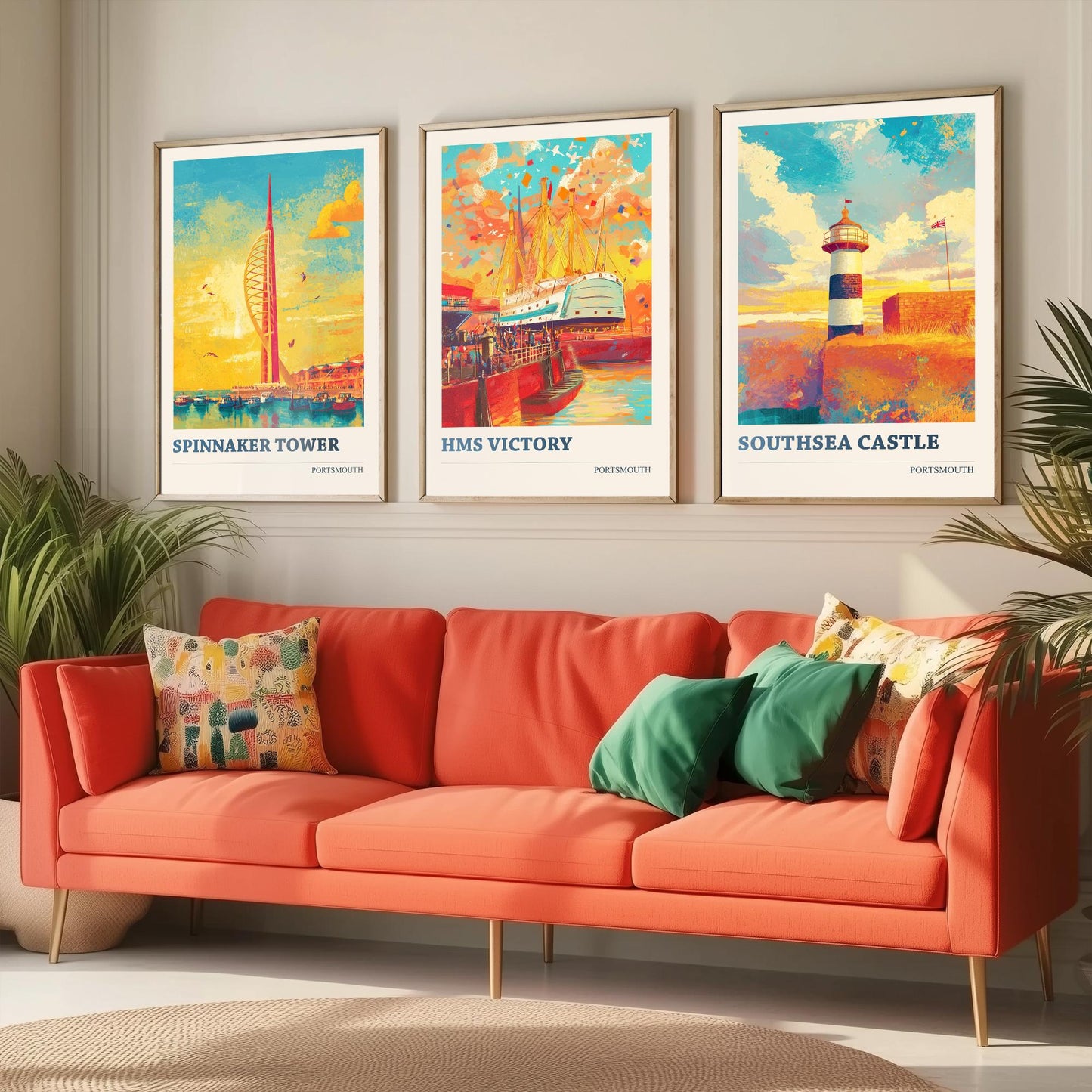 Portsmouth Set of Three Art Prints - 3 Spinnaker Tower HMS Victory Southsea Castle Posters - Wall Art Illustration Travel colourspritz