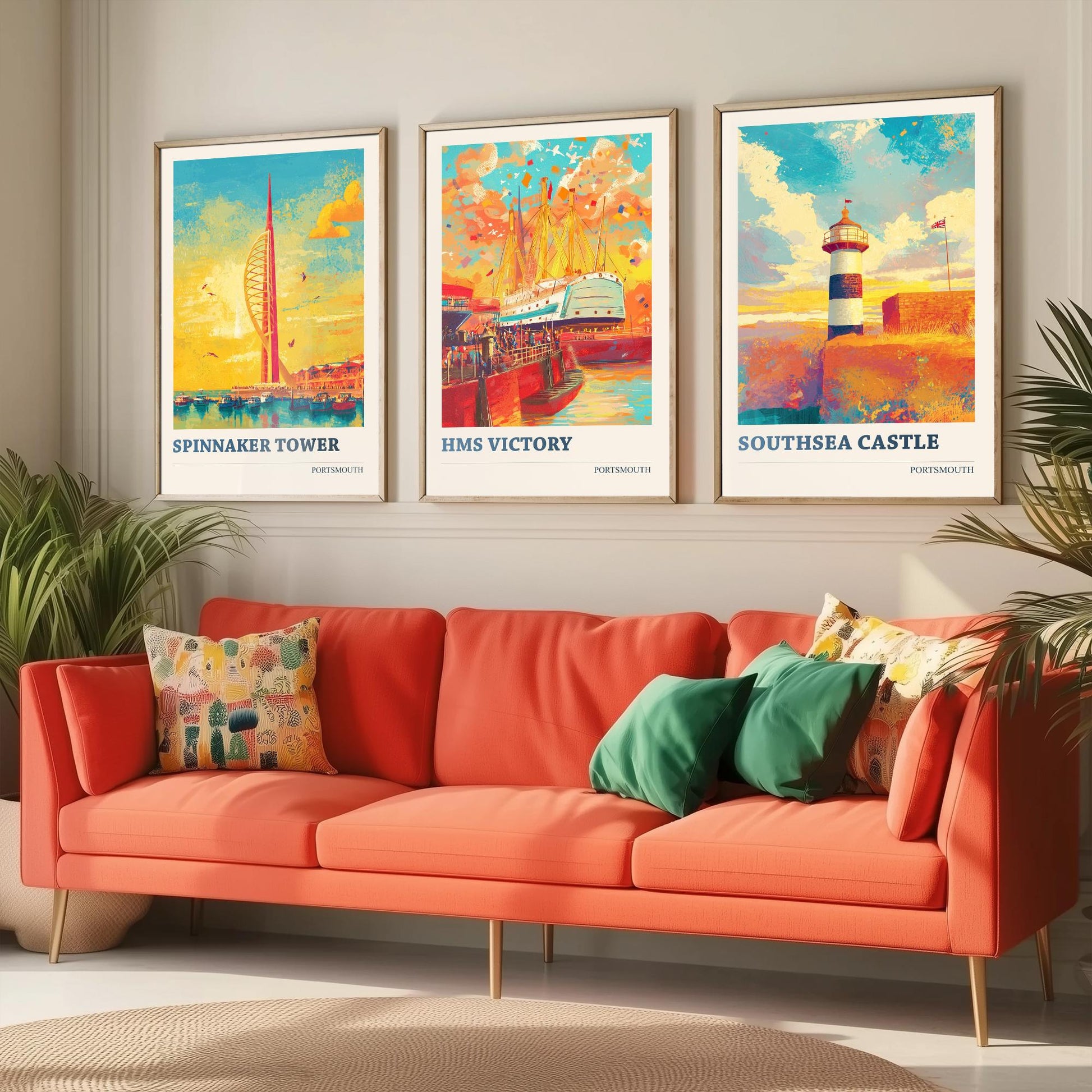 Portsmouth Set of Three Art Prints - 3 Spinnaker Tower HMS Victory Southsea Castle Posters - Wall Art Illustration Travel colourspritz