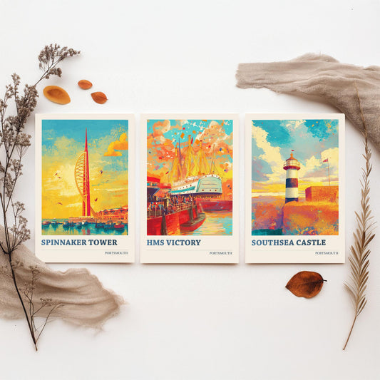 Portsmouth Set of Three Art Prints - 3 Spinnaker Tower HMS Victory Southsea Castle Posters - Wall Art Illustration Travel colourspritz