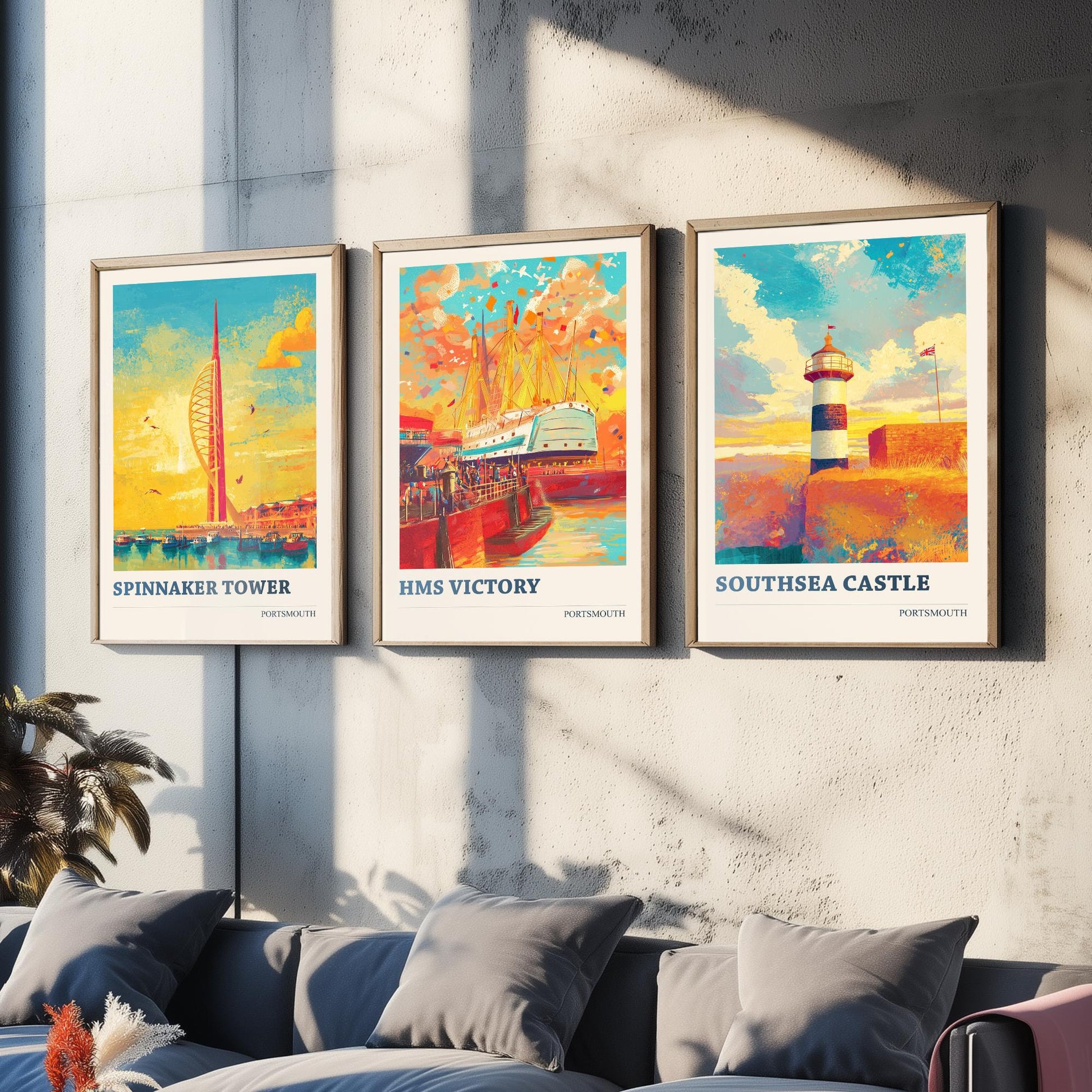 Portsmouth Set of Three Art Prints - 3 Spinnaker Tower HMS Victory Southsea Castle Posters - Wall Art Illustration Travel colourspritz