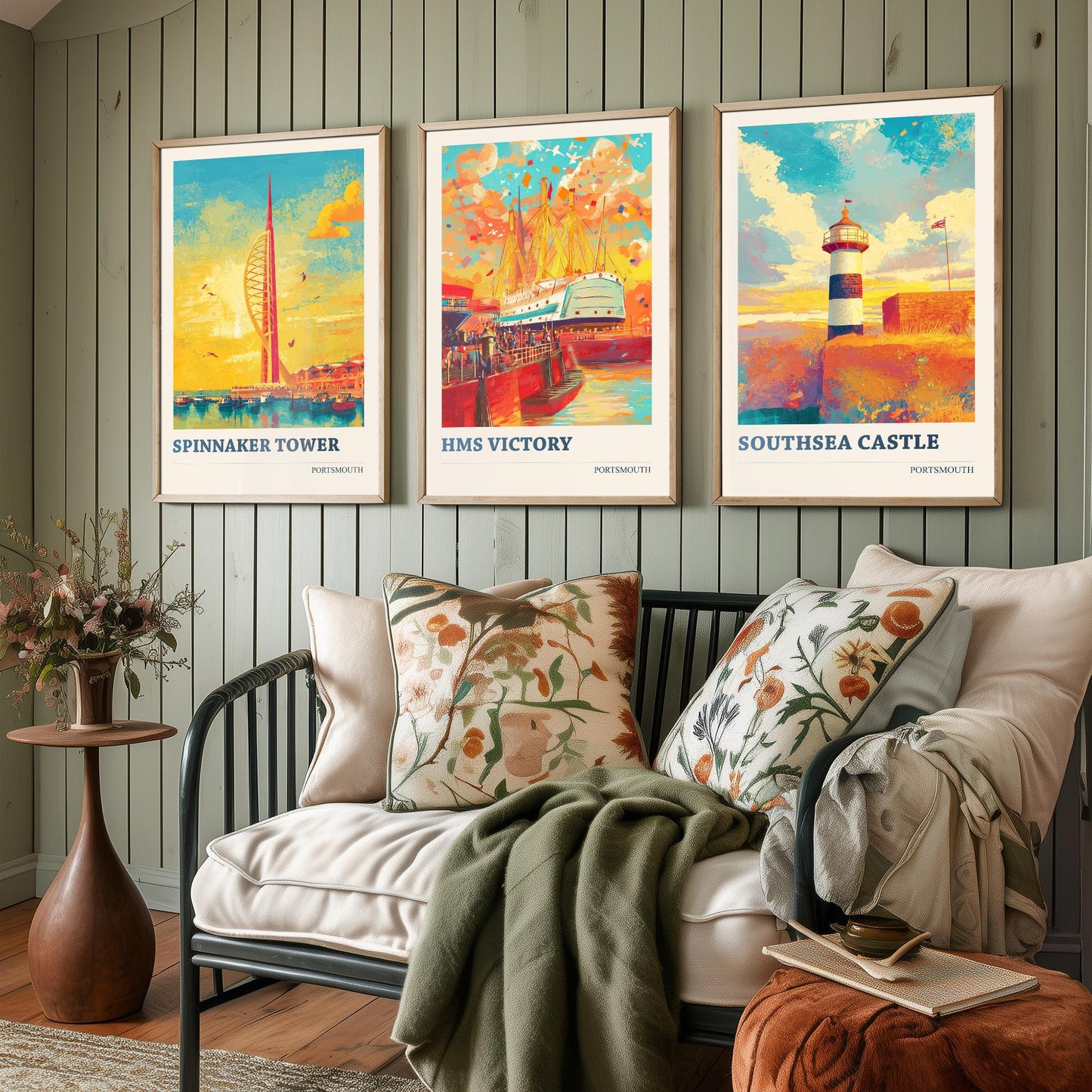 Portsmouth Set of Three Art Prints - 3 Spinnaker Tower HMS Victory Southsea Castle Posters - Wall Art Illustration Travel colourspritz