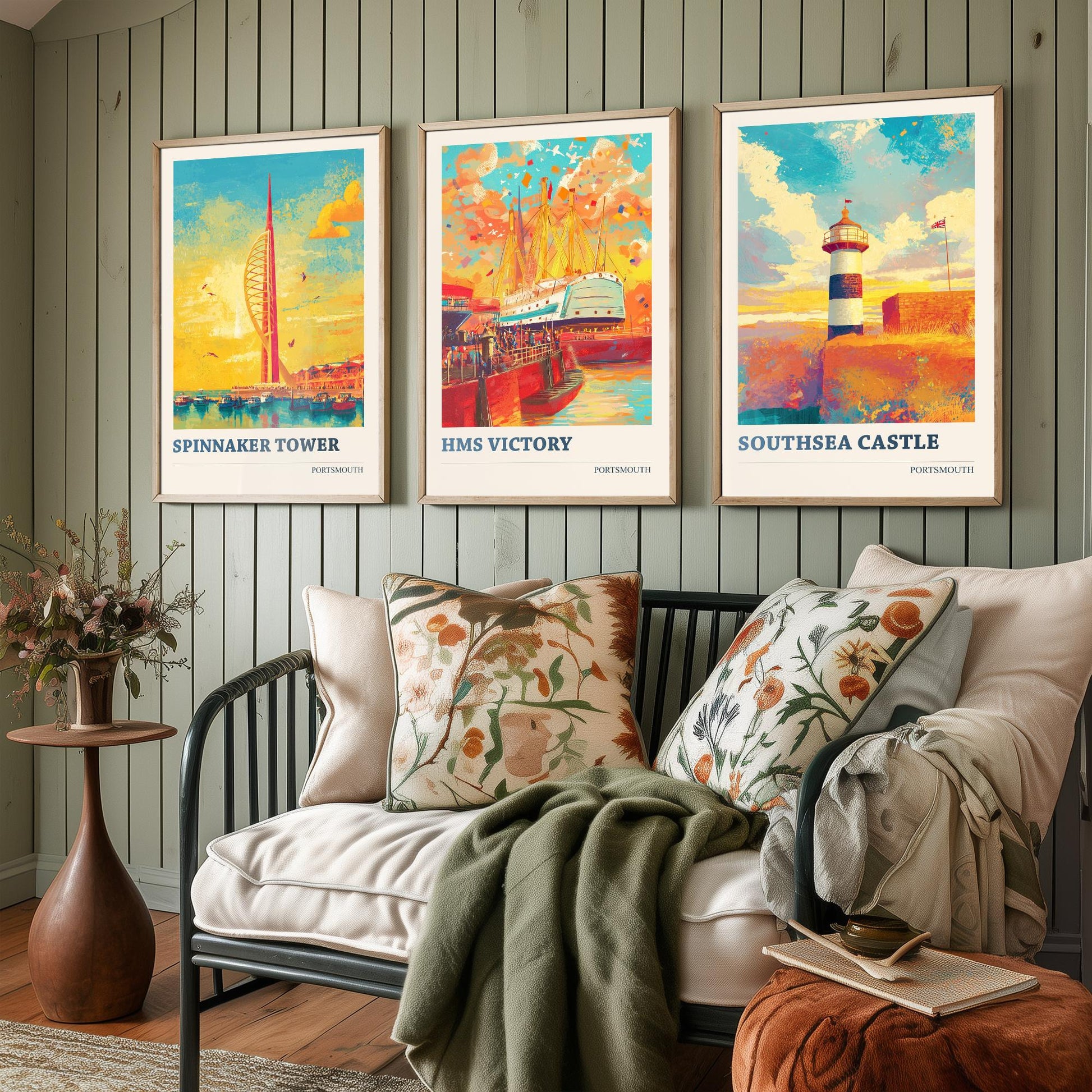 Portsmouth Set of Three Art Prints - 3 Spinnaker Tower HMS Victory Southsea Castle Posters - Wall Art Illustration Travel colourspritz