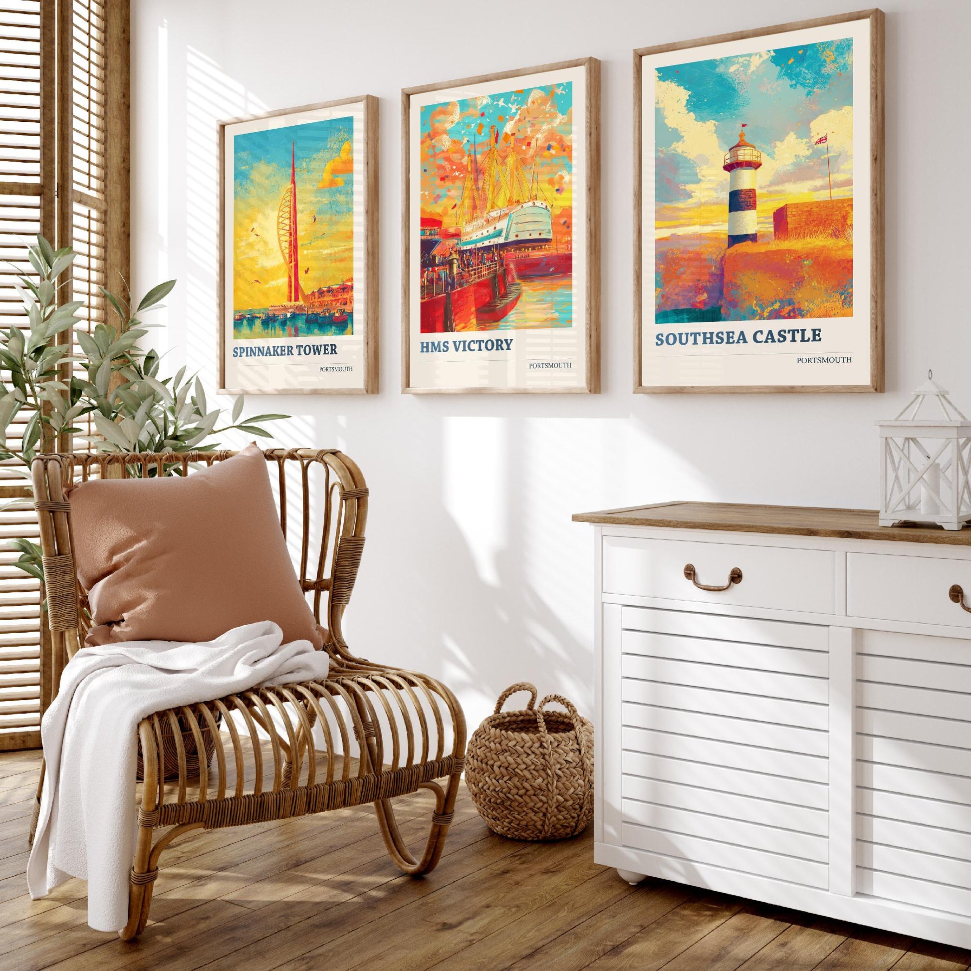 Portsmouth Set of Three Art Prints - 3 Spinnaker Tower HMS Victory Southsea Castle Posters - Wall Art Illustration Travel colourspritz