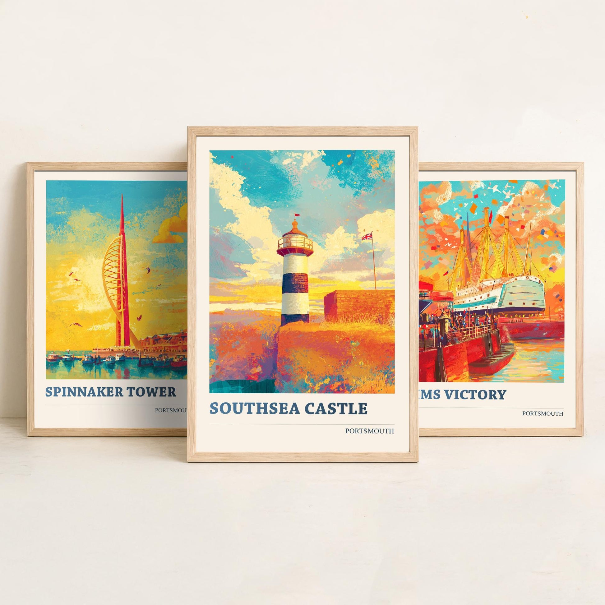 Portsmouth Set of Three Art Prints - 3 Spinnaker Tower HMS Victory Southsea Castle Posters - Wall Art Illustration Travel colourspritz