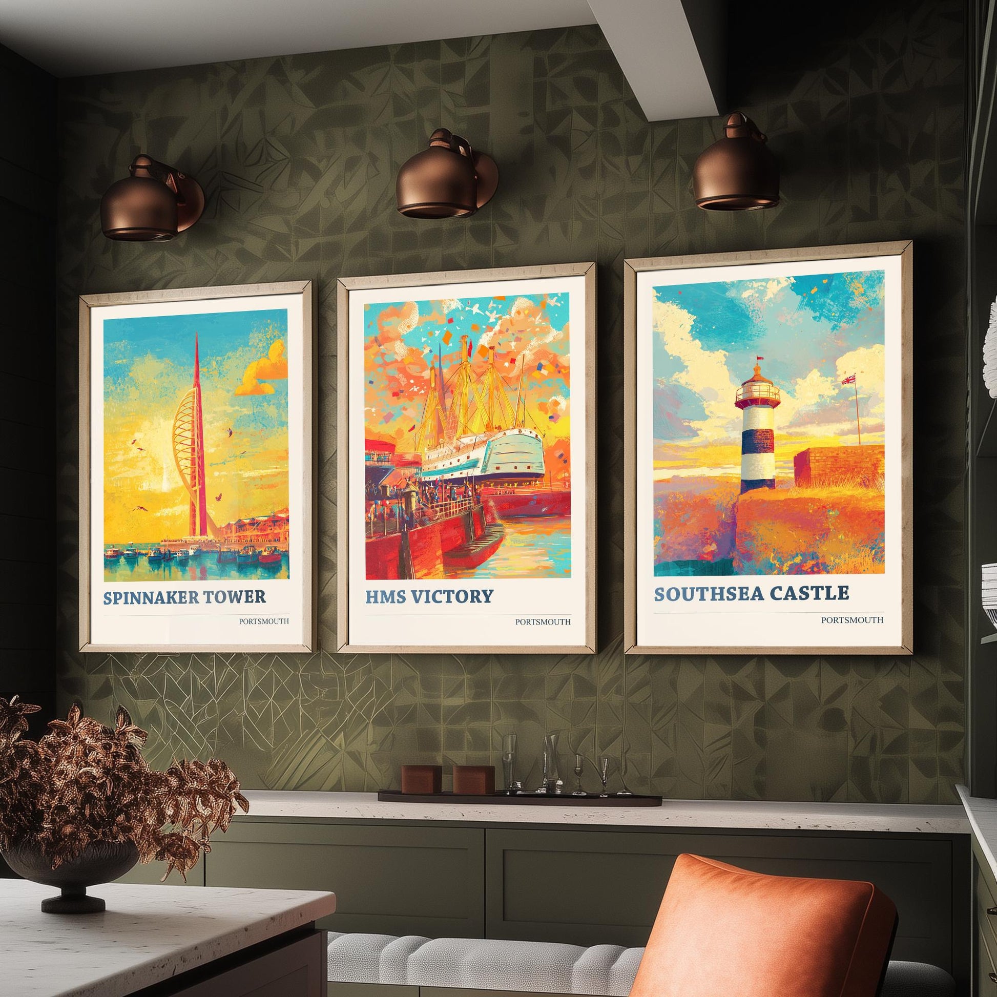 Portsmouth Set of Three Art Prints - 3 Spinnaker Tower HMS Victory Southsea Castle Posters - Wall Art Illustration Travel colourspritz