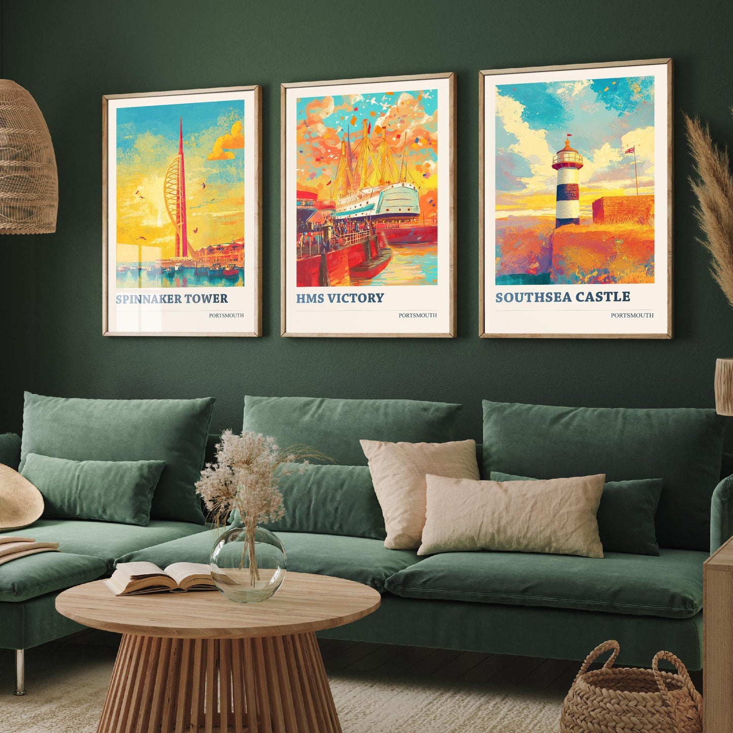 Portsmouth Set of Three Art Prints - 3 Spinnaker Tower HMS Victory Southsea Castle Posters - Wall Art Illustration Travel colourspritz