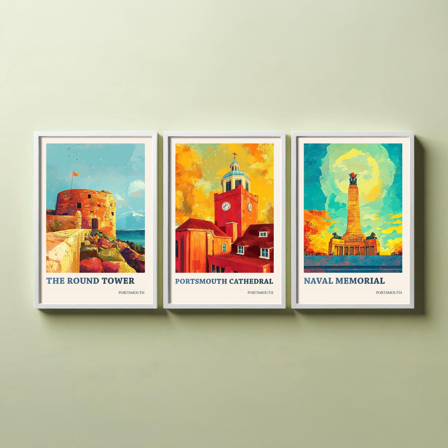Portsmouth Set of Three Art Prints - 3 Round Tower Cathedral Naval Memorial Posters - Wall Art Illustration Seaside Travel colourspritz