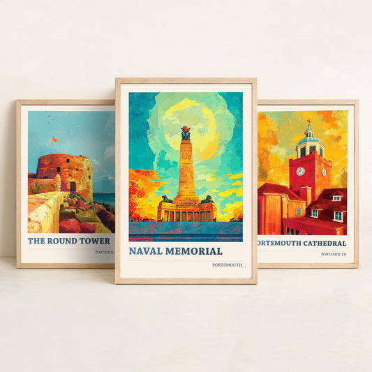 Portsmouth Set of Three Art Prints - 3 Round Tower Cathedral Naval Memorial Posters - Wall Art Illustration Seaside Travel colourspritz