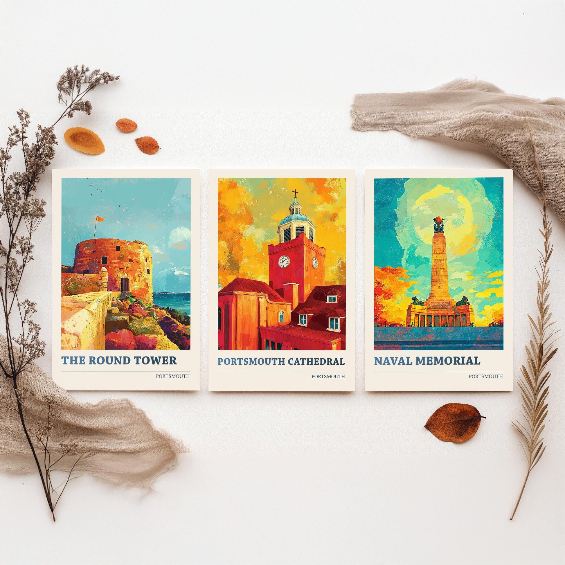 Portsmouth Set of Three Art Prints - 3 Round Tower Cathedral Naval Memorial Posters - Wall Art Illustration Seaside Travel colourspritz