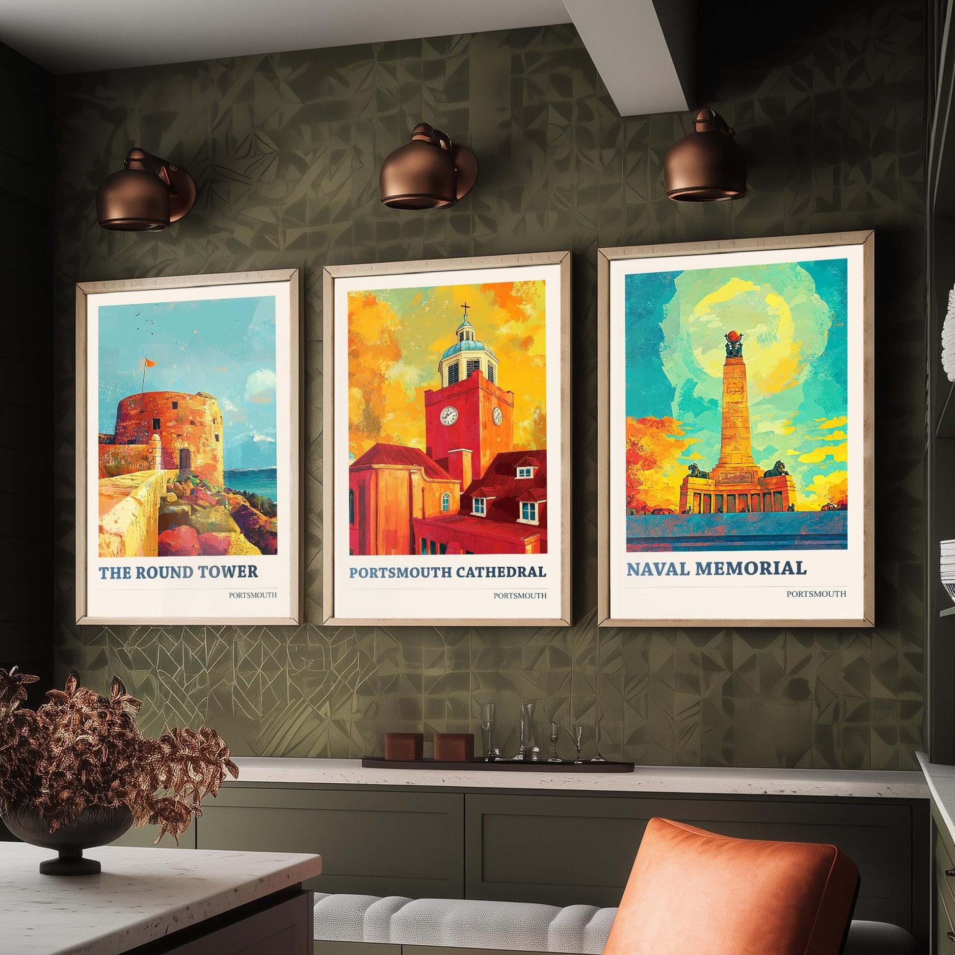 Portsmouth Set of Three Art Prints - 3 Round Tower Cathedral Naval Memorial Posters - Wall Art Illustration Seaside Travel colourspritz