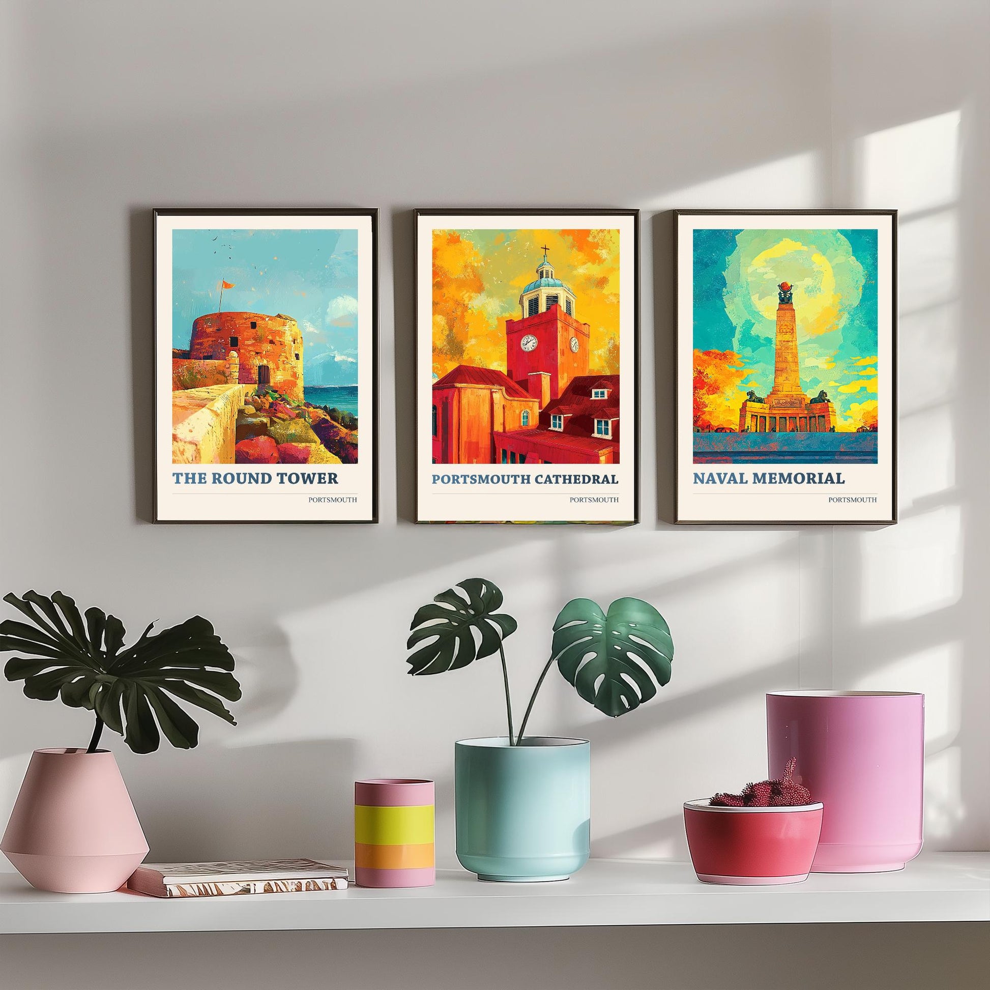 Portsmouth Set of Three Art Prints - 3 Round Tower Cathedral Naval Memorial Posters - Wall Art Illustration Seaside Travel colourspritz