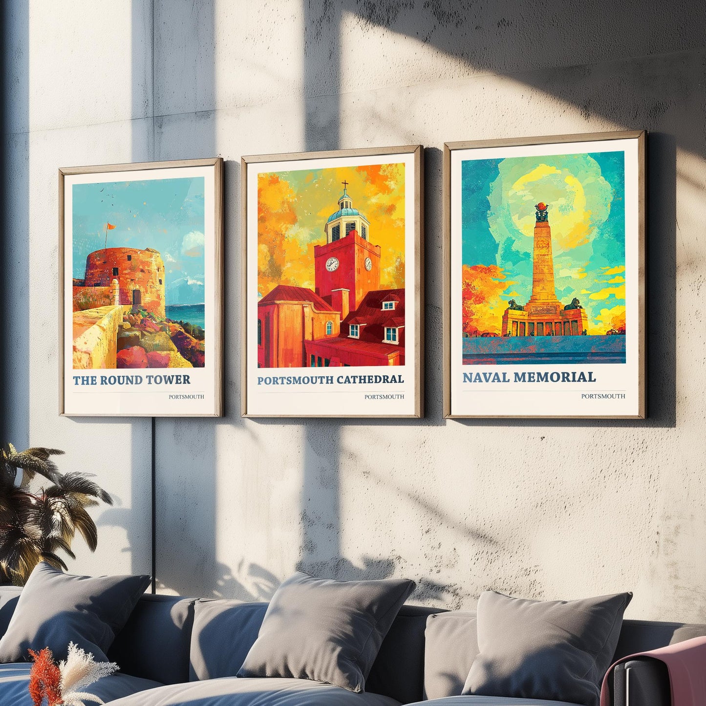 Portsmouth Set of Three Art Prints - 3 Round Tower Cathedral Naval Memorial Posters - Wall Art Illustration Seaside Travel colourspritz