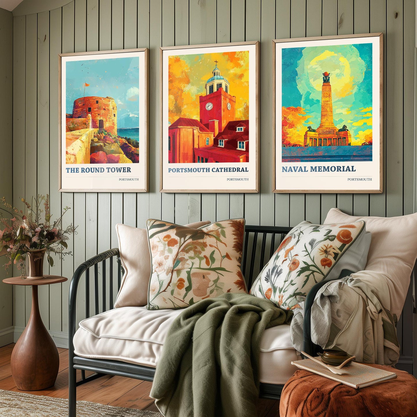 Portsmouth Set of Three Art Prints - 3 Round Tower Cathedral Naval Memorial Posters - Wall Art Illustration Seaside Travel colourspritz