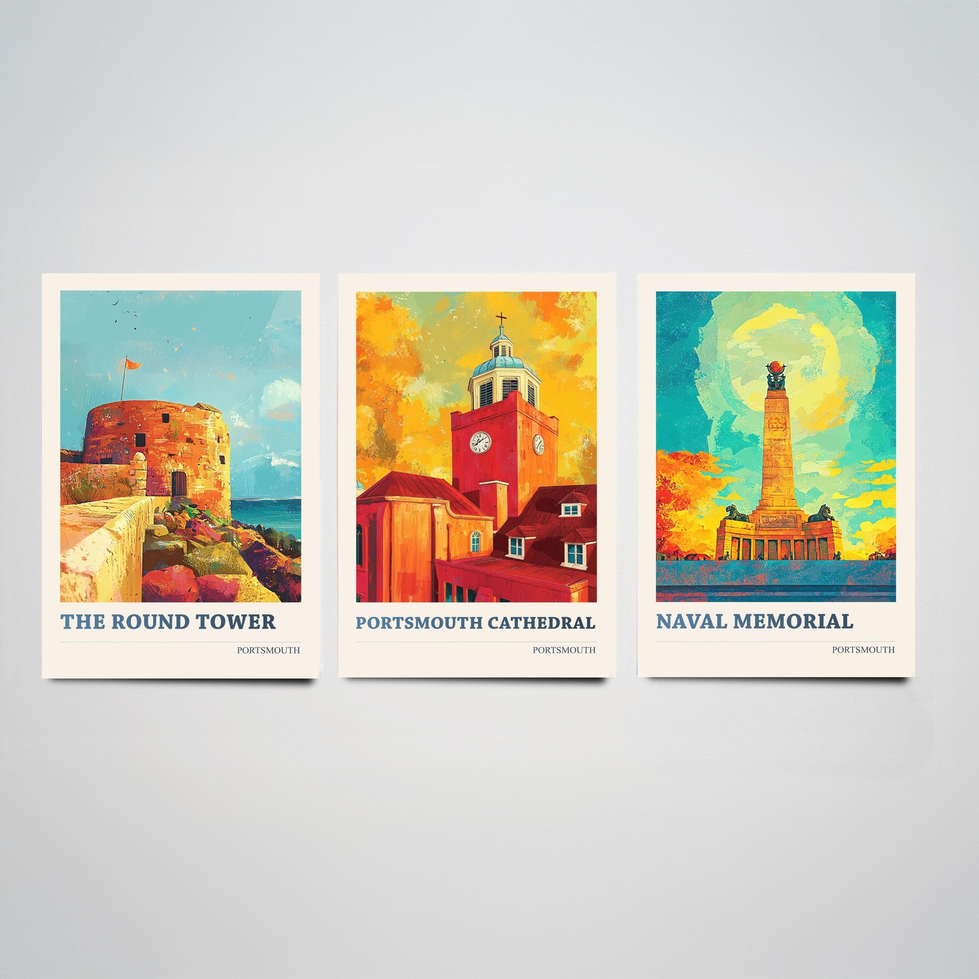 Portsmouth Set of Three Art Prints - 3 Round Tower Cathedral Naval Memorial Posters - Wall Art Illustration Seaside Travel colourspritz