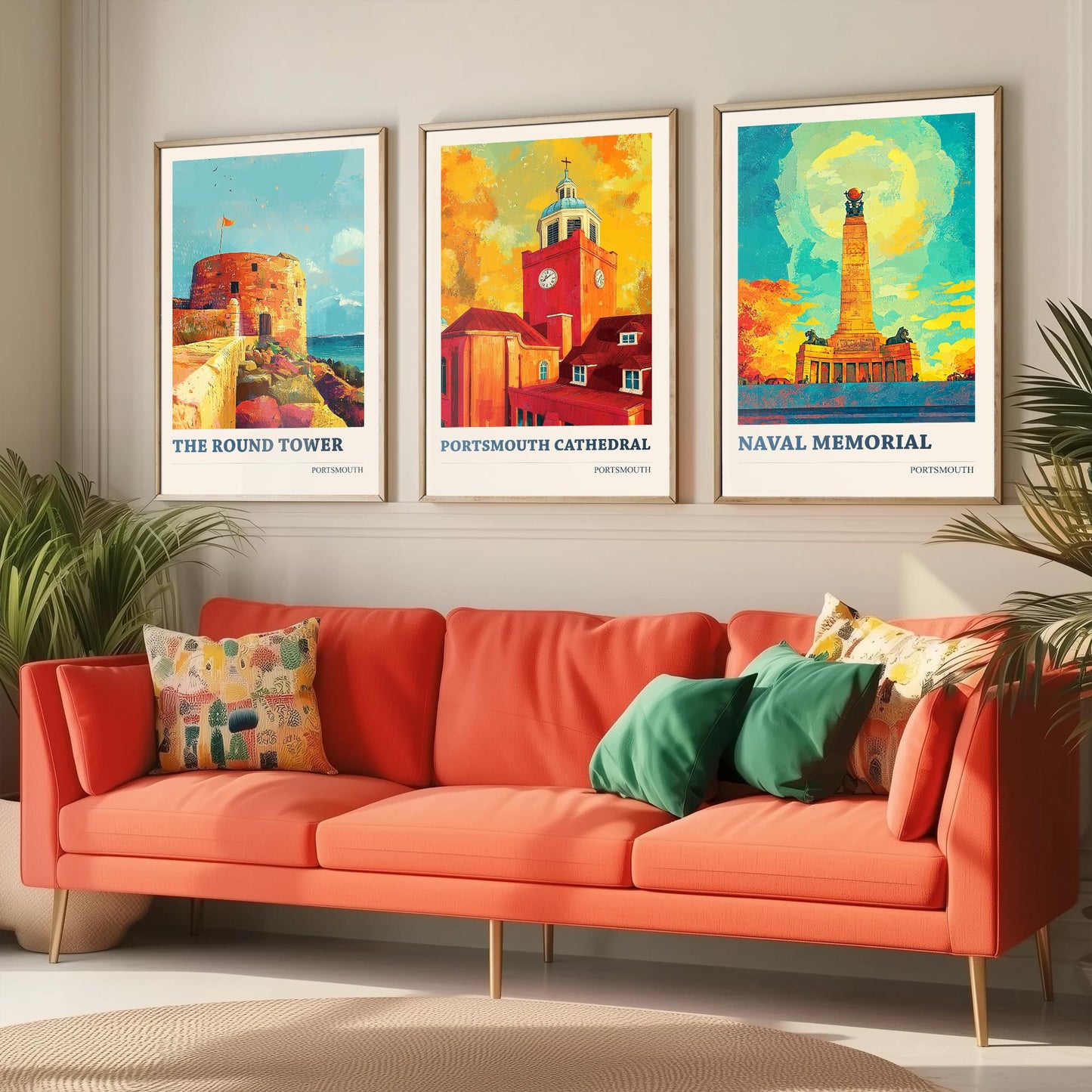Portsmouth Set of Three Art Prints - 3 Round Tower Cathedral Naval Memorial Posters - Wall Art Illustration Seaside Travel colourspritz