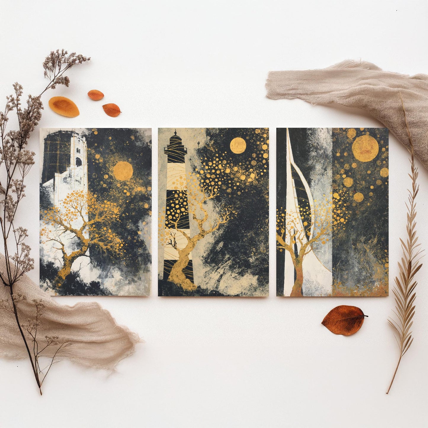 Portsmouth Gold Set of Three Art Prints - 3 Round Tower Southsea Lighthouse Spinnaker Tower Posters - Wall Art Illustration Klimt Style