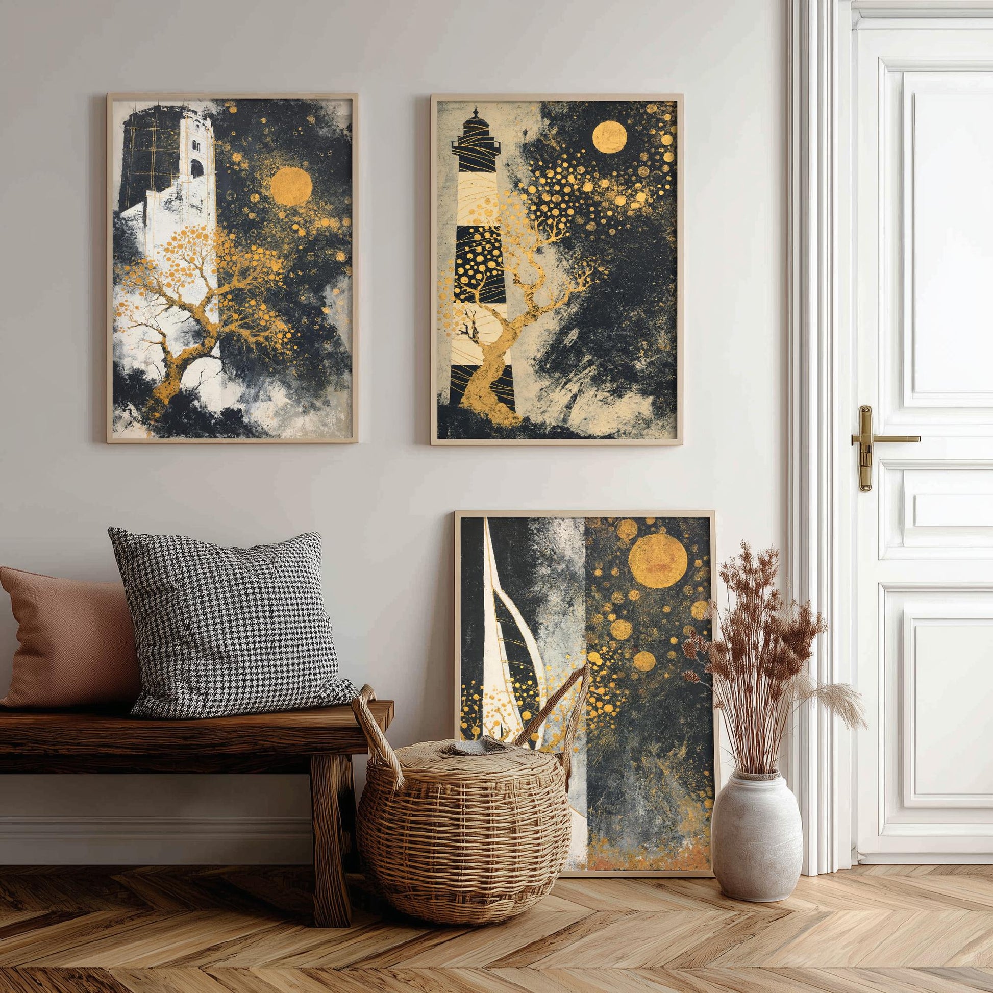 Portsmouth Gold Set of Three Art Prints - 3 Round Tower Southsea Lighthouse Spinnaker Tower Posters - Wall Art Illustration Klimt Style