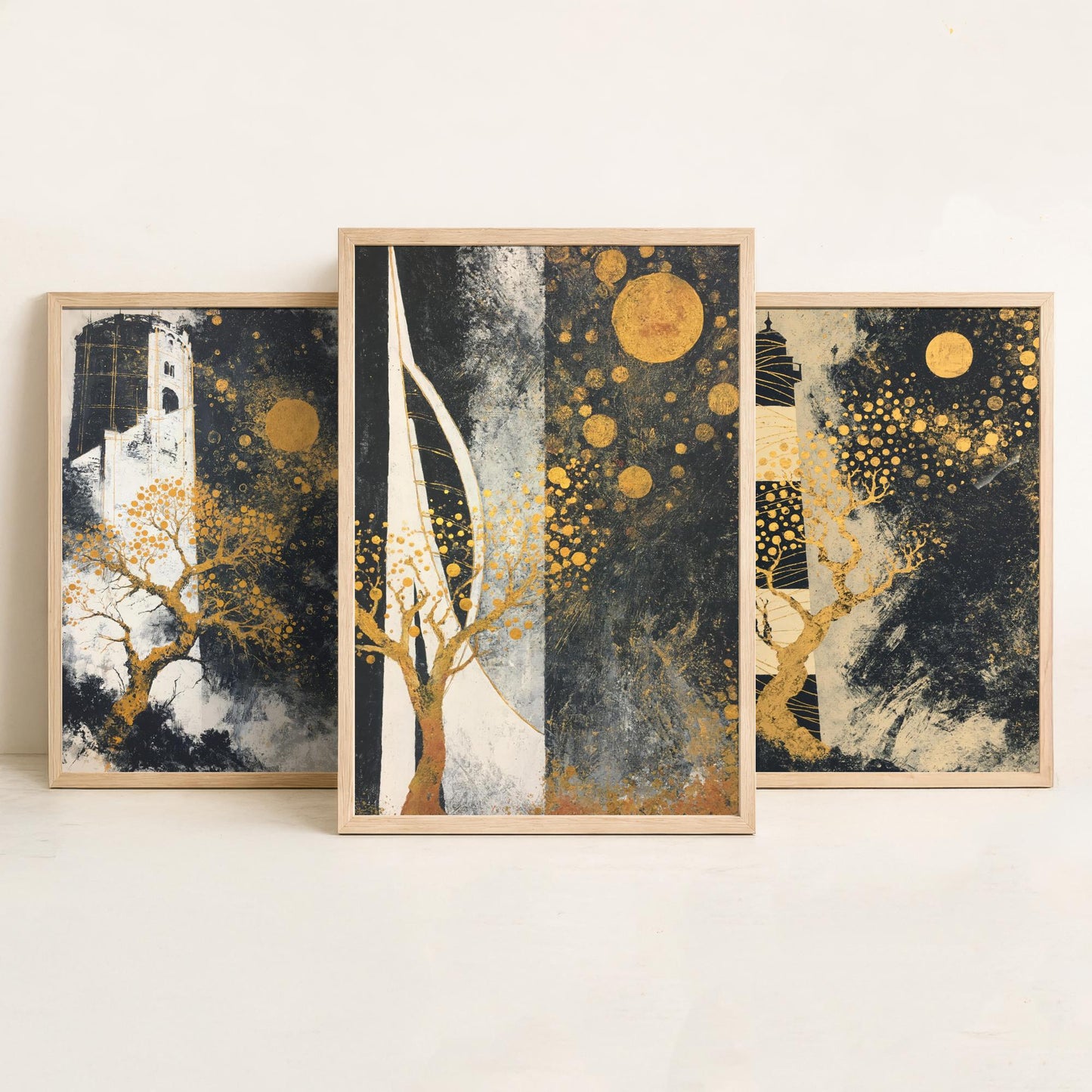 Portsmouth Gold Set of Three Art Prints - 3 Round Tower Southsea Lighthouse Spinnaker Tower Posters - Wall Art Illustration Klimt Style
