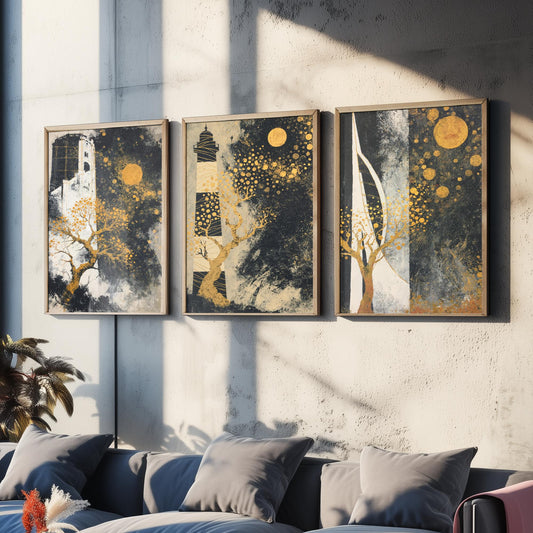 Portsmouth Gold Set of Three Art Prints - 3 Round Tower Southsea Lighthouse Spinnaker Tower Posters - Wall Art Illustration Klimt Style
