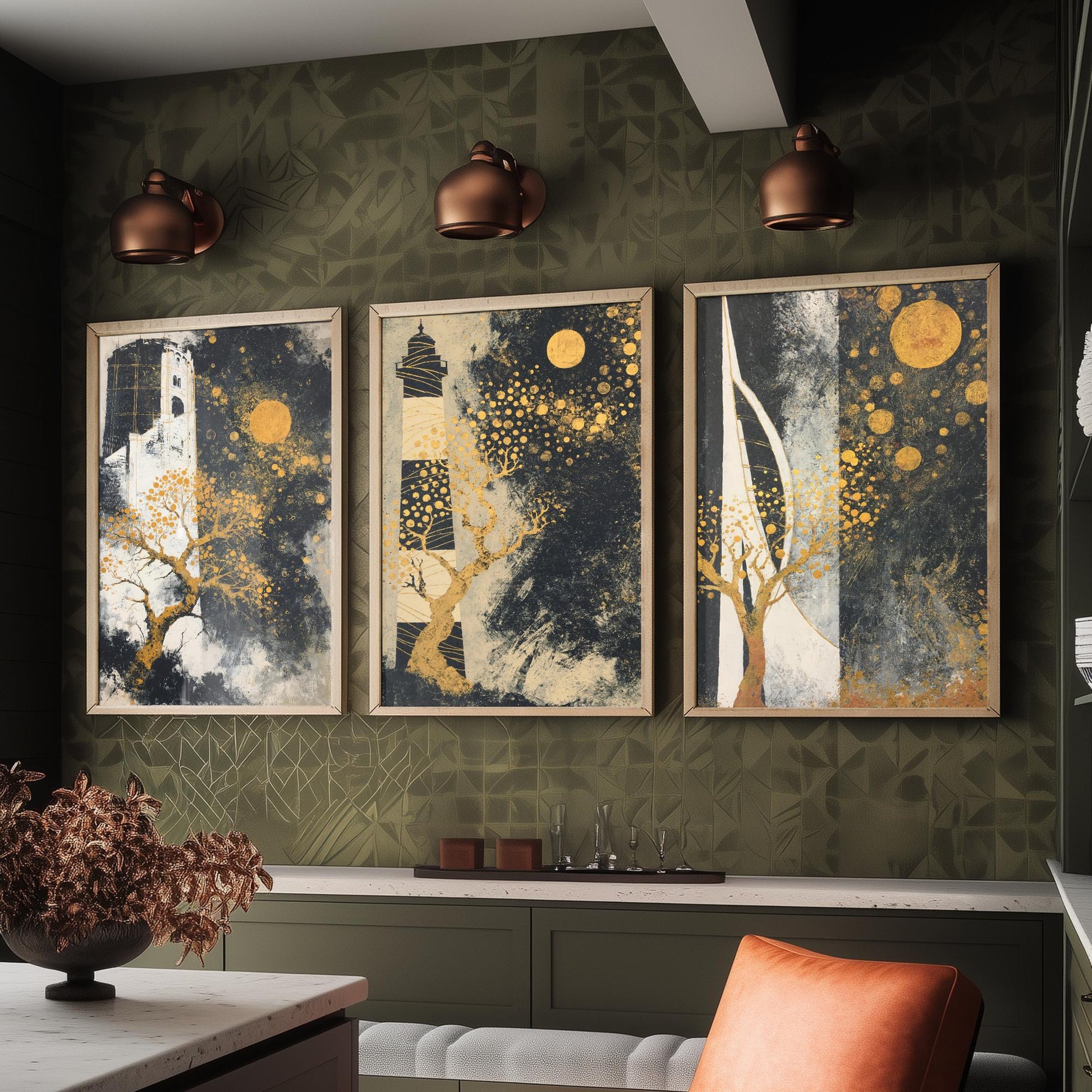 Portsmouth Gold Set of Three Art Prints - 3 Round Tower Southsea Lighthouse Spinnaker Tower Posters - Wall Art Illustration Klimt Style