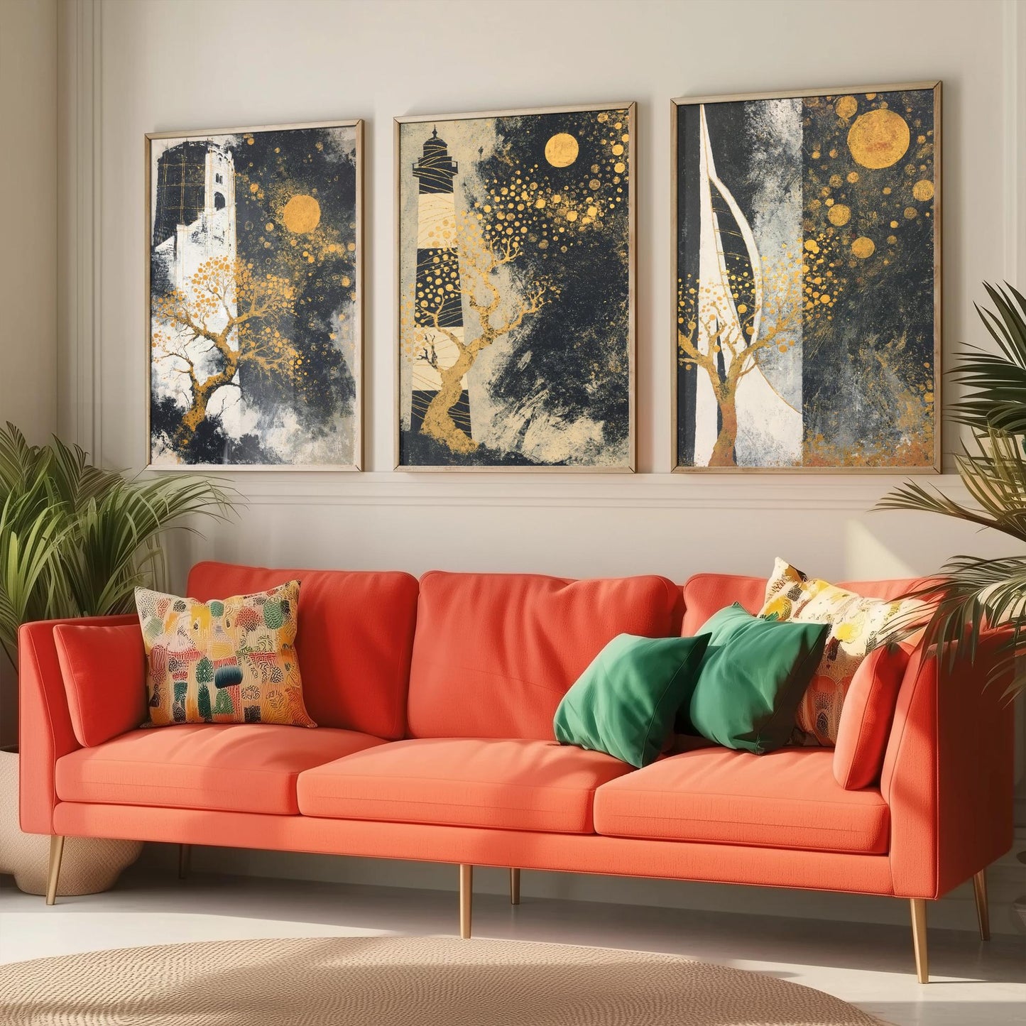 Portsmouth Gold Set of Three Art Prints - 3 Round Tower Southsea Lighthouse Spinnaker Tower Posters - Wall Art Illustration Klimt Style