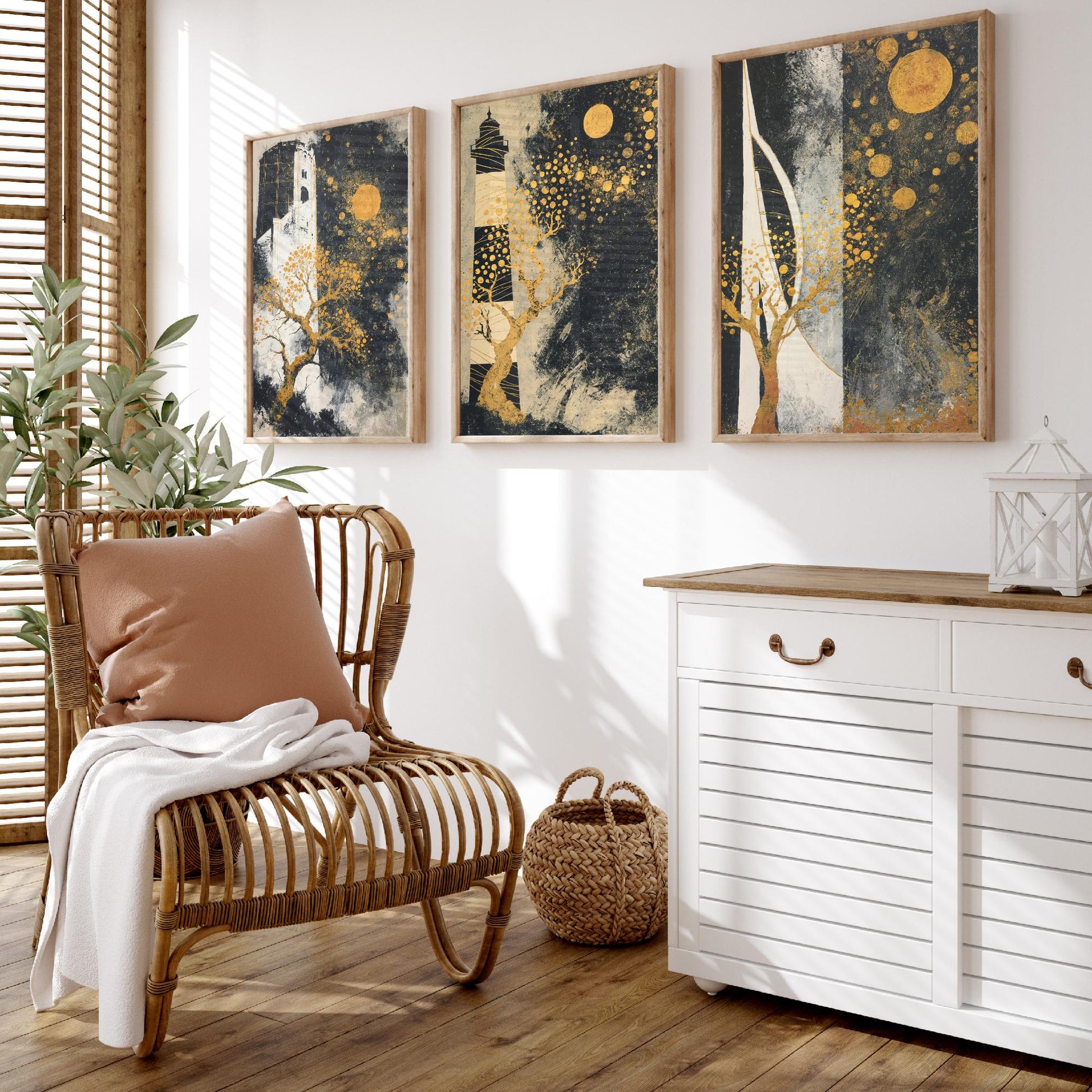 Portsmouth Gold Set of Three Art Prints - 3 Round Tower Southsea Lighthouse Spinnaker Tower Posters - Wall Art Illustration Klimt Style