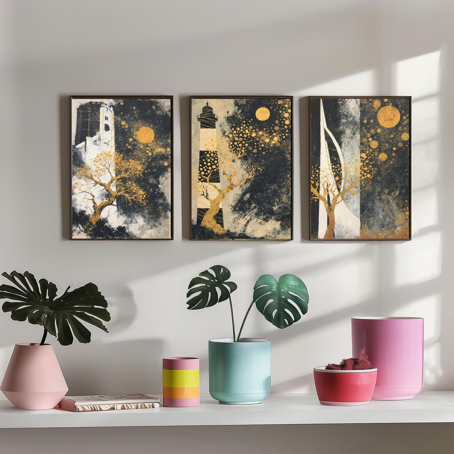 Portsmouth Gold Set of Three Art Prints - 3 Round Tower Southsea Lighthouse Spinnaker Tower Posters - Wall Art Illustration Klimt Style
