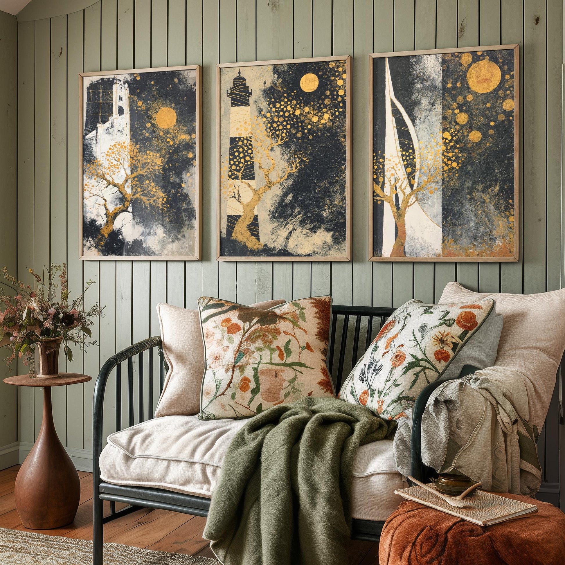 Portsmouth Gold Set of Three Art Prints - 3 Round Tower Southsea Lighthouse Spinnaker Tower Posters - Wall Art Illustration Klimt Style