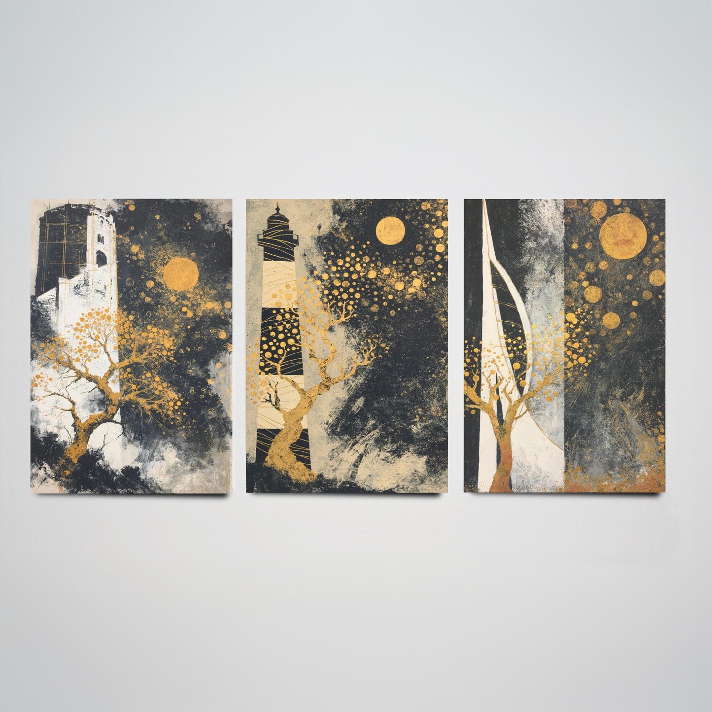 Portsmouth Gold Set of Three Art Prints - 3 Round Tower Southsea Lighthouse Spinnaker Tower Posters - Wall Art Illustration Klimt Style