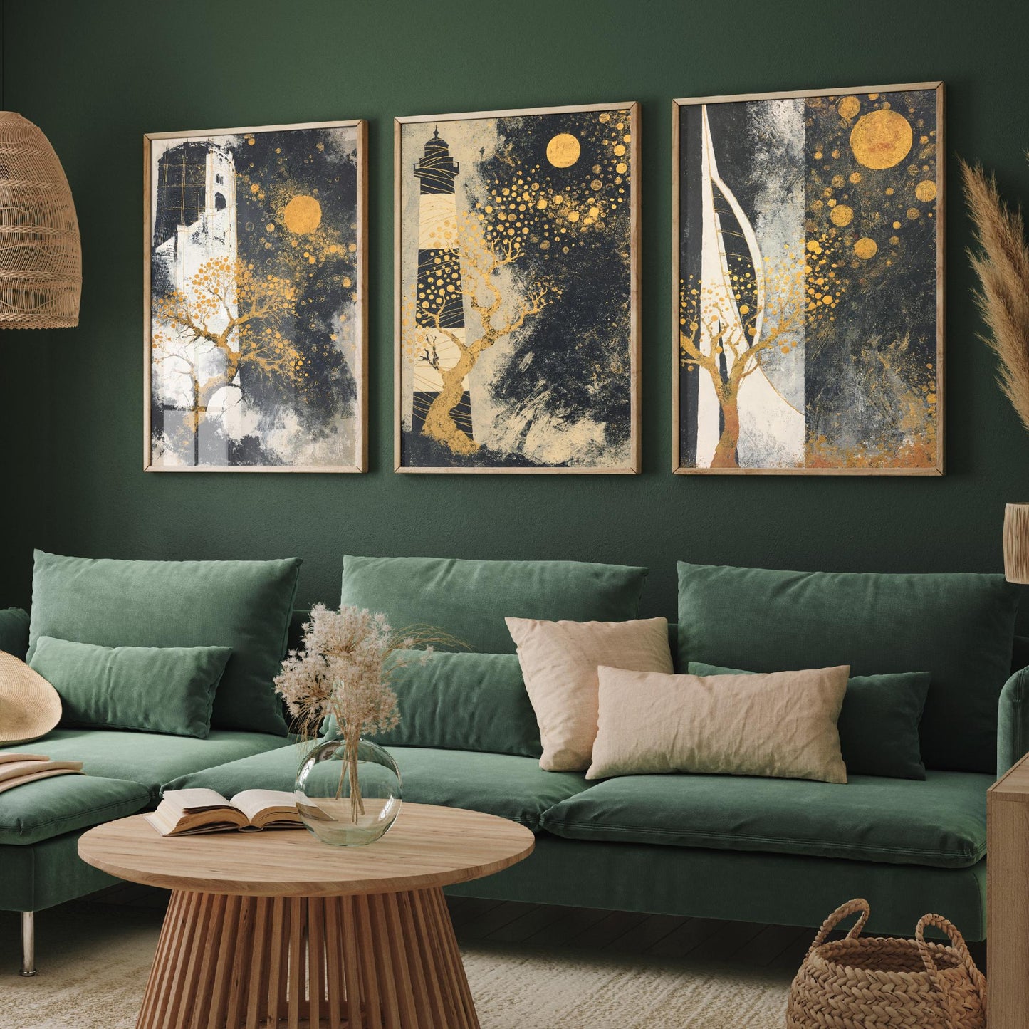 Portsmouth Gold Set of Three Art Prints - 3 Round Tower Southsea Lighthouse Spinnaker Tower Posters - Wall Art Illustration Klimt Style