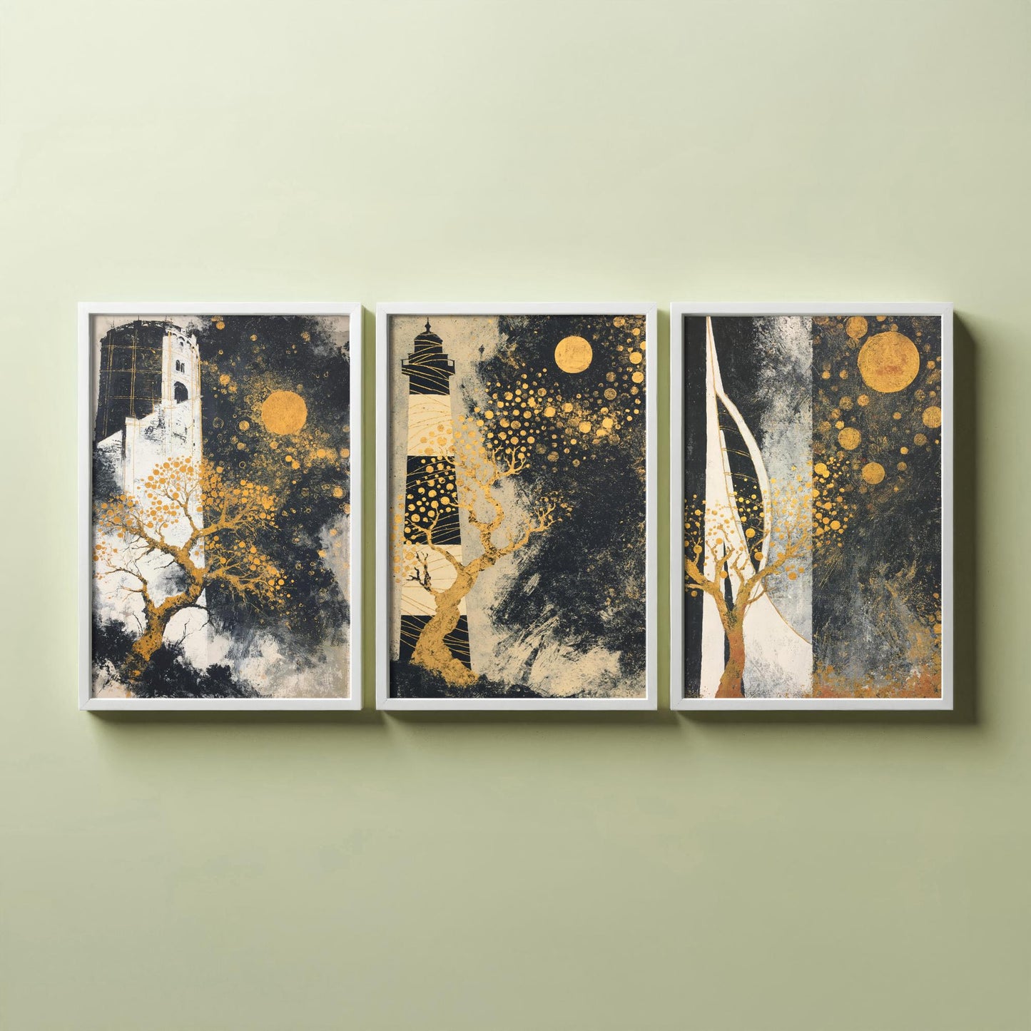 Portsmouth Gold Set of Three Art Prints - 3 Round Tower Southsea Lighthouse Spinnaker Tower Posters - Wall Art Illustration Klimt Style