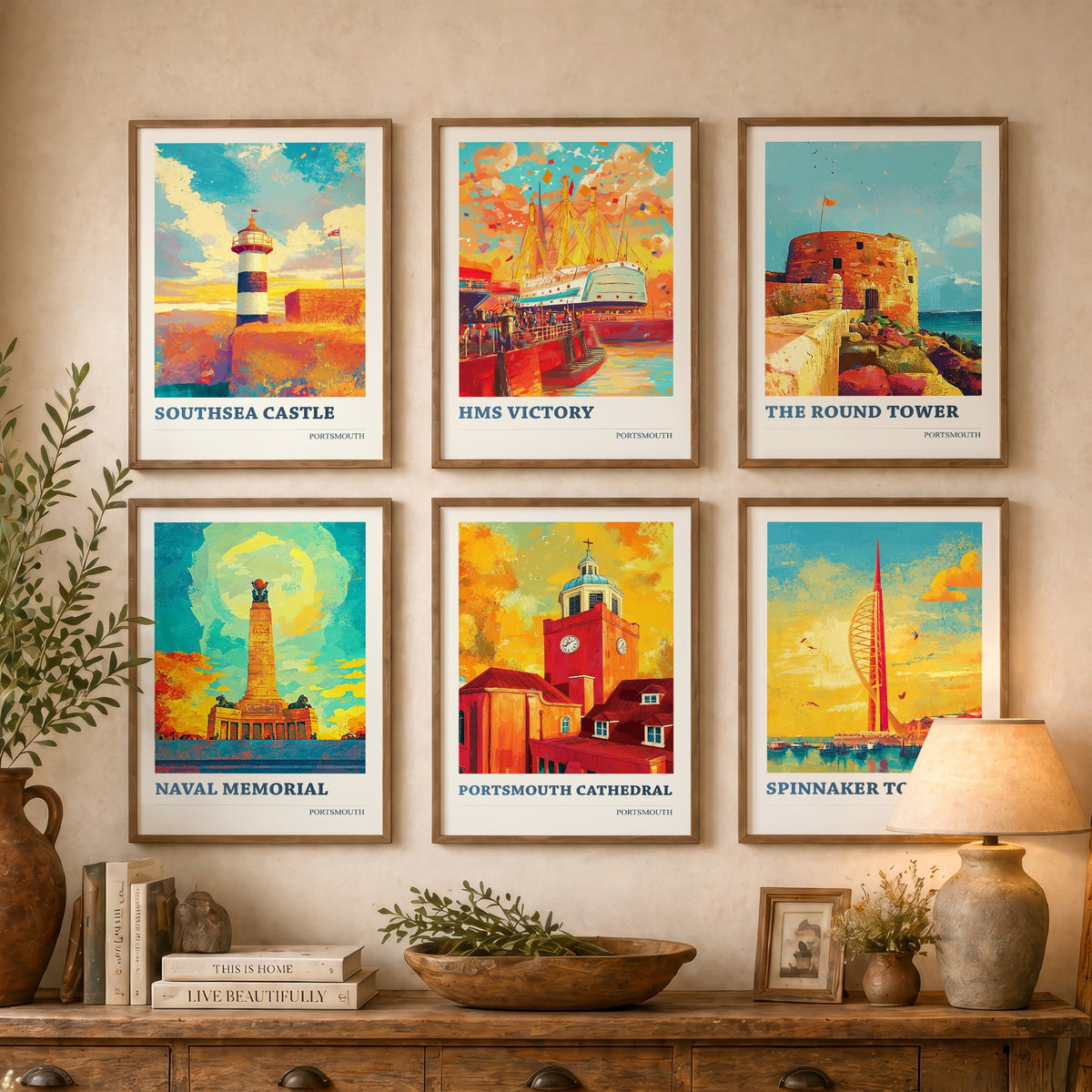 Set of Six Portsmouth Art Prints - 6 Colourspritz Travel Posters - Southsea Castle, HMS Victory, Round Tower, Spinnaker Tower Painting