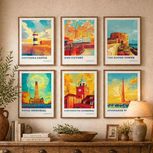 Set of Six Portsmouth Art Prints - 6 Colourspritz Travel Posters - Southsea Castle, HMS Victory, Round Tower, Spinnaker Tower Painting