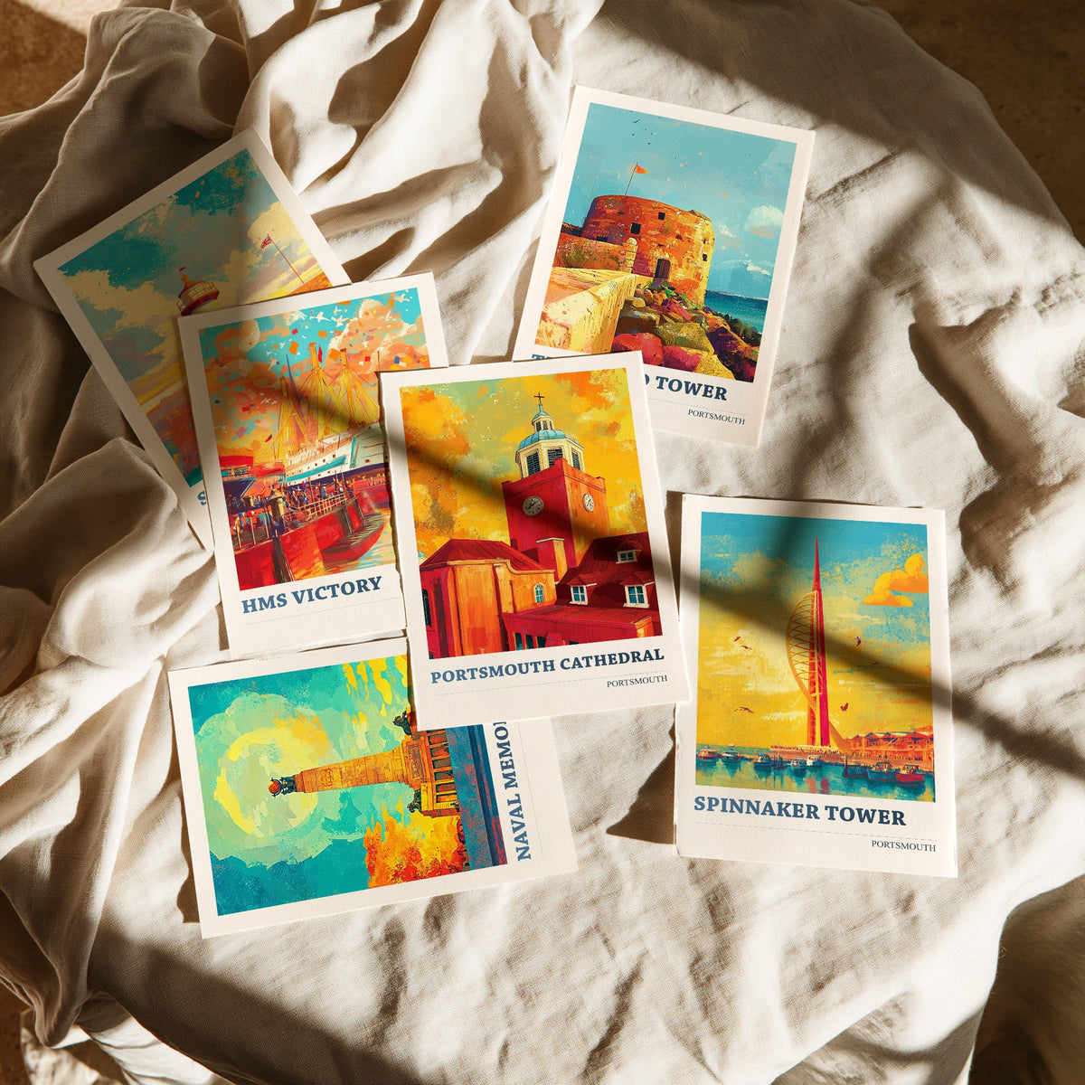 Set of Six Portsmouth Art Prints - 6 Colourspritz Travel Posters - Southsea Castle, HMS Victory, Round Tower, Spinnaker Tower Painting