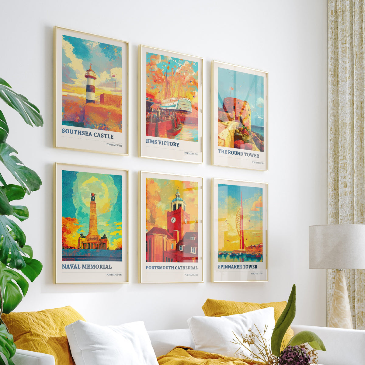 Set of Six Portsmouth Art Prints - 6 Colourspritz Travel Posters - Southsea Castle, HMS Victory, Round Tower, Spinnaker Tower Painting